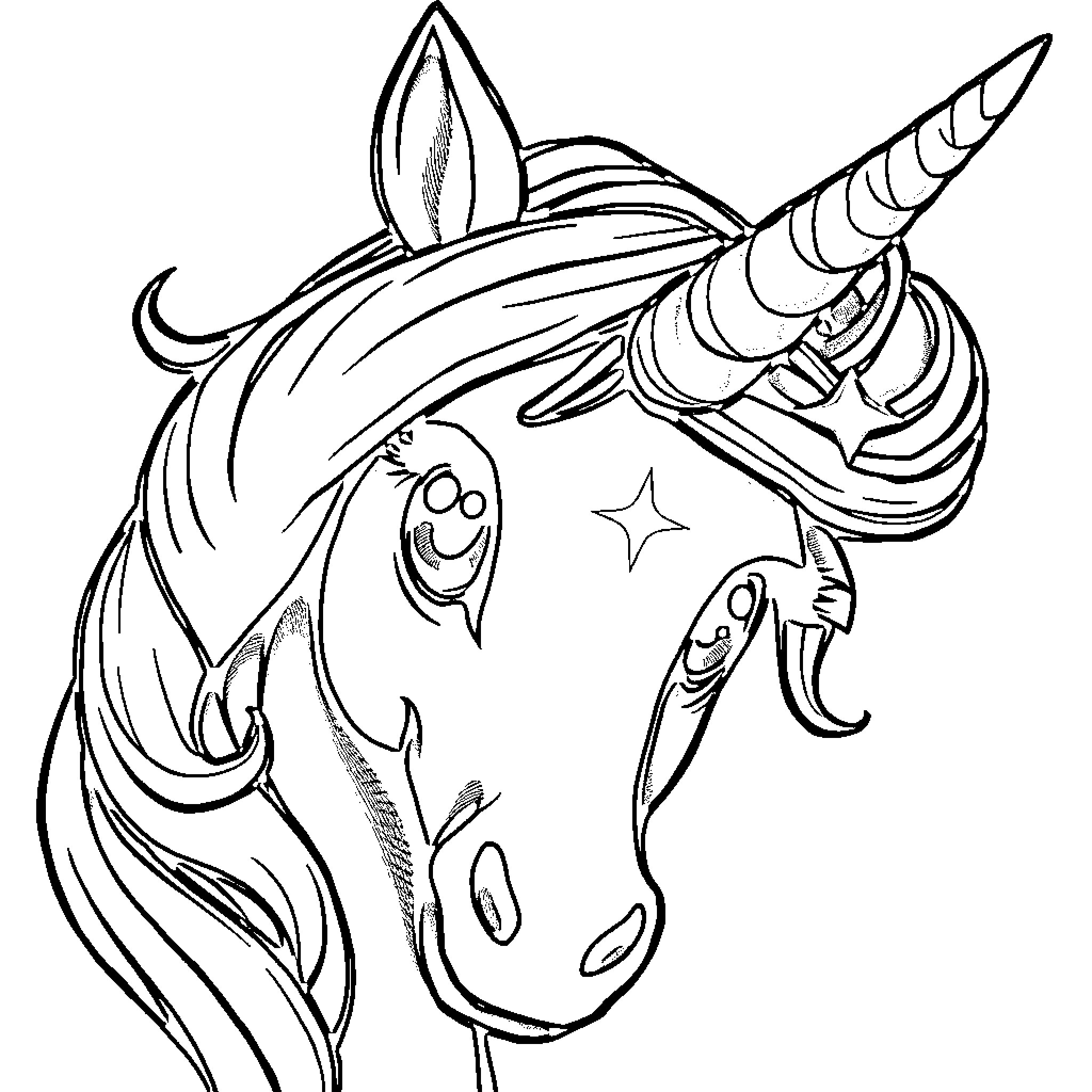 Unicorn with whimsical expression and horn Coloring Page (free black-and-white line drawing printable PDF for all, from beginners to advanced learners, including children, teens, adults, and seniors)
