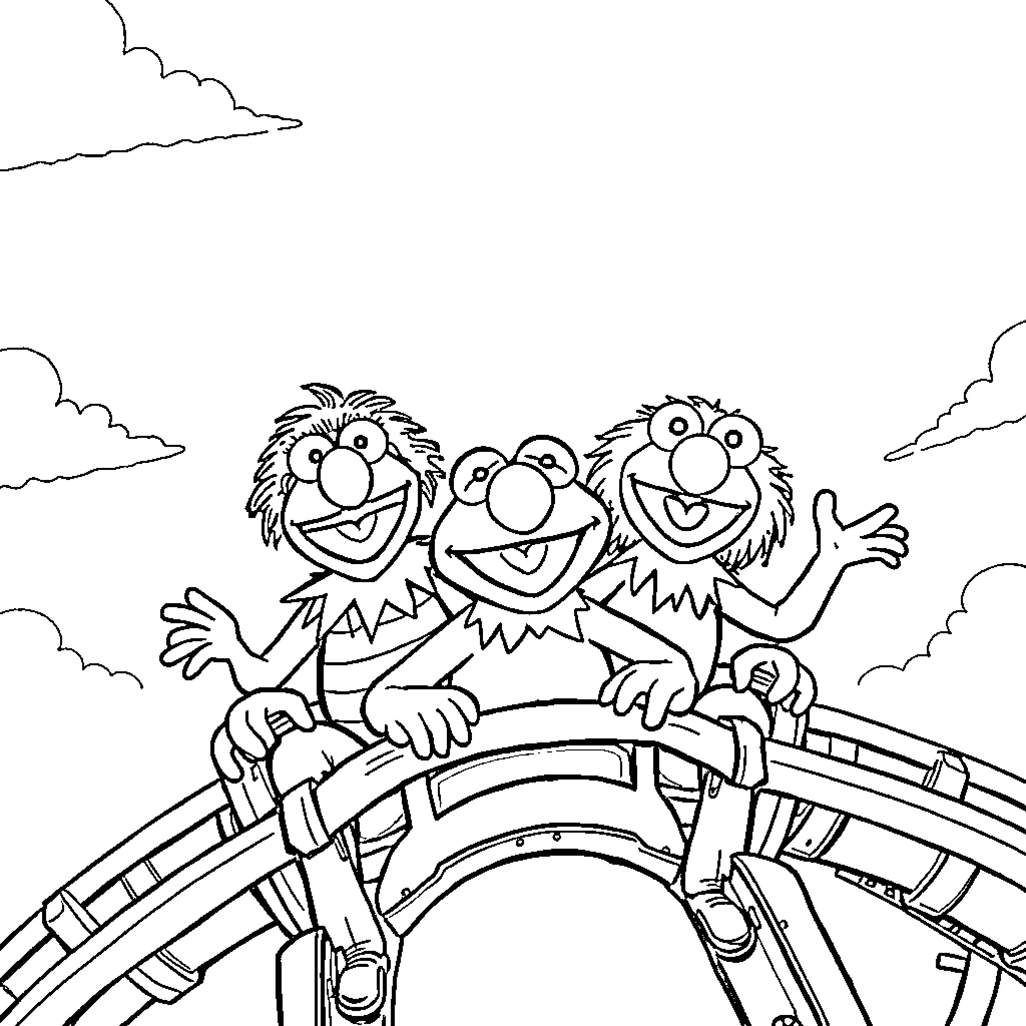 Muppet friends riding on a roller coaster Coloring Page (free black-and-white line drawing printable PDF for all, from beginners to advanced learners, including children, teens, adults, and seniors)