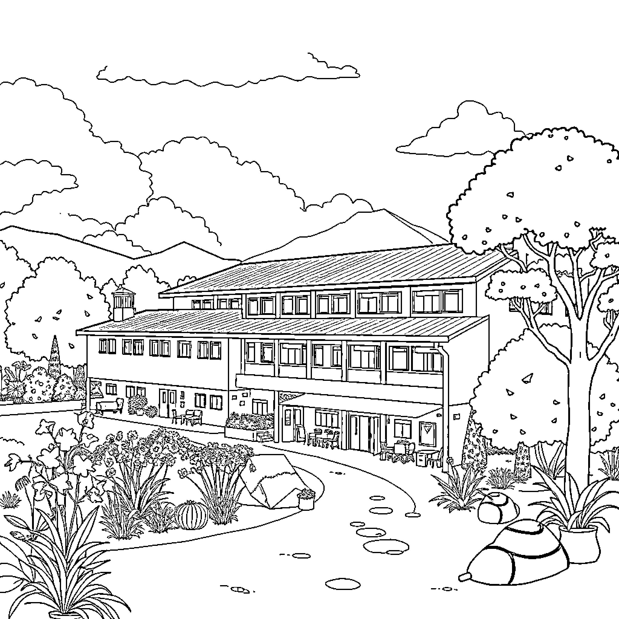 Mahnala Environmental School - Students learning outdoors surrounded by nature Coloring Page (free black-and-white line drawing printable PDF for all, from beginners to advanced learners, including children, teens, adults, and seniors)