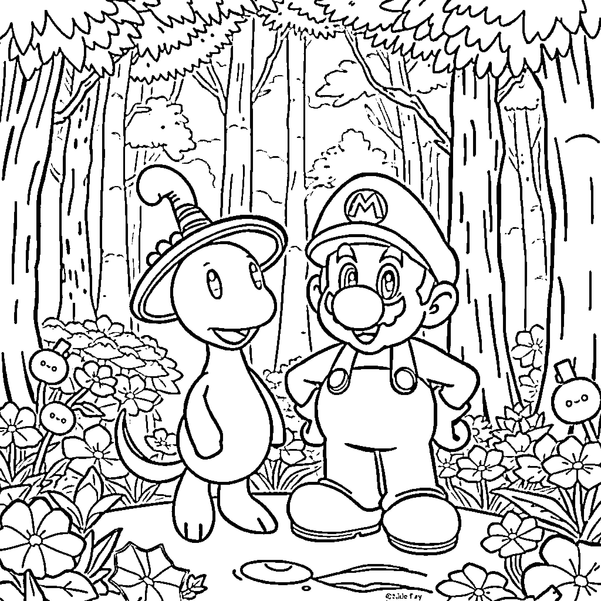 Pikman exploring the enchanted forest with a friend Coloring Page (free black-and-white line drawing printable PDF for all, from beginners to advanced learners, including children, teens, adults, and seniors)