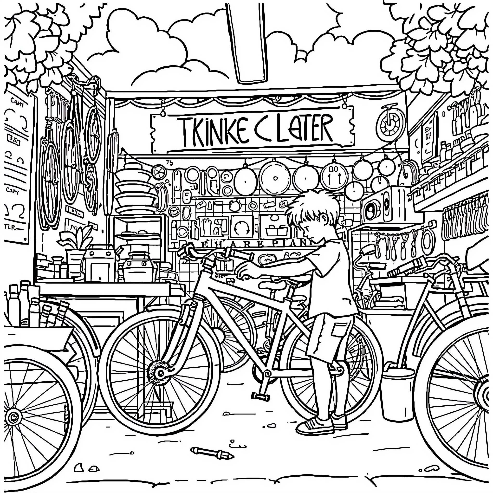 Boy explores vintage bike shop in bustling city Coloring Page (free black-and-white line drawing printable PDF for all, from beginners to advanced learners, including children, teens, adults, and seniors)