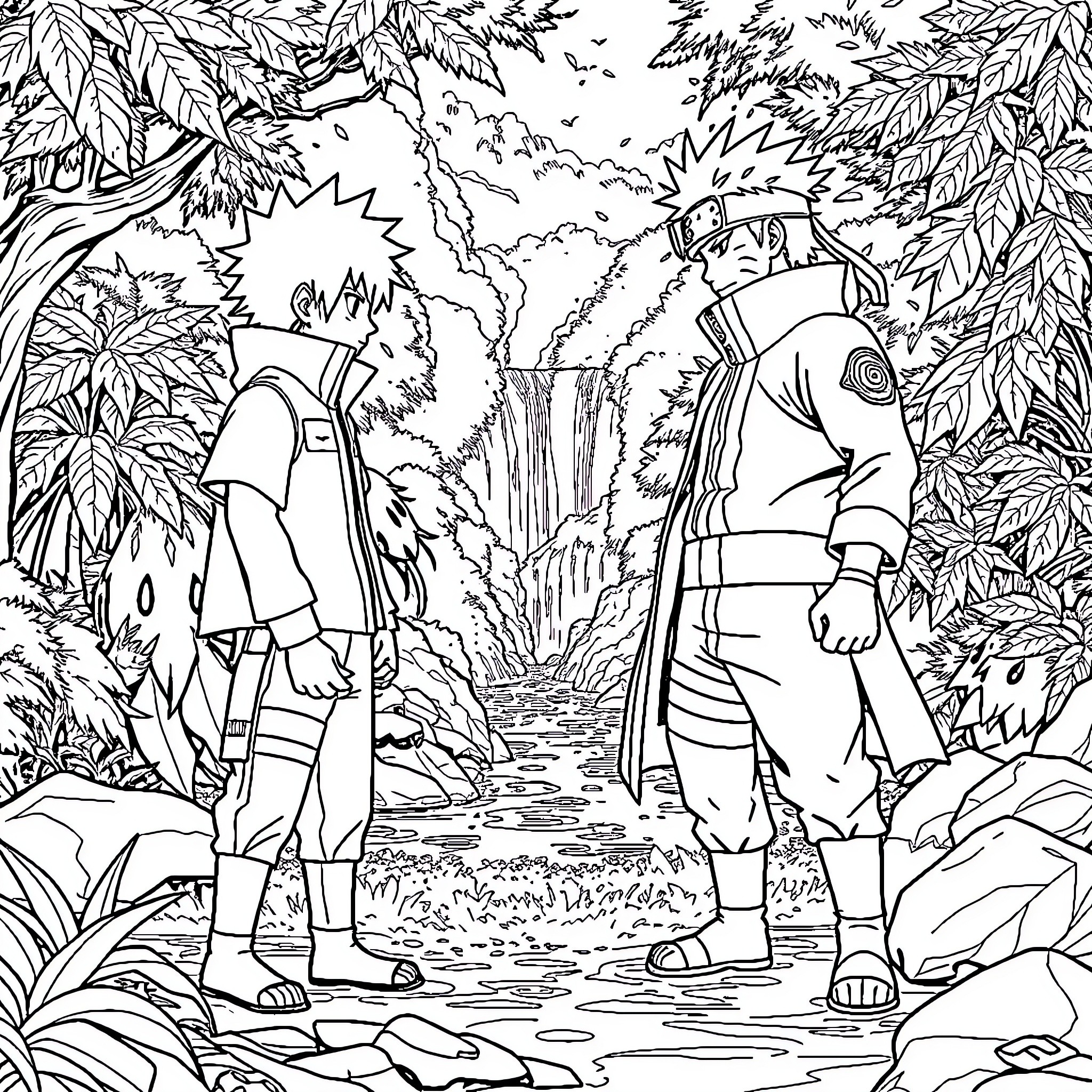 Asta vs Naruto - Intense Anime Showdown in the Wilderness Coloring Page (free black-and-white line drawing printable PDF for all, from beginners to advanced learners, including children, teens, adults, and seniors)