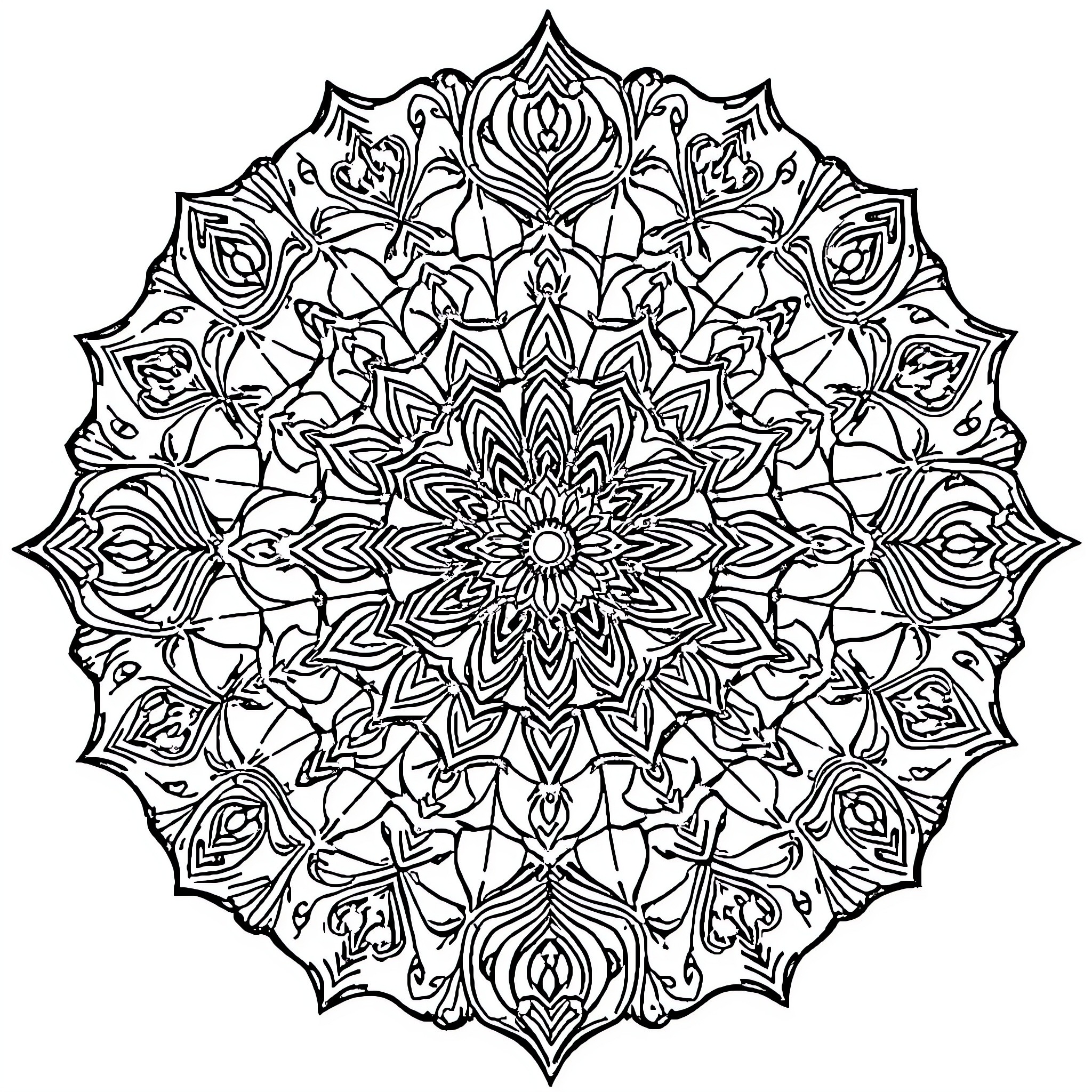 Mandalas of intricate floral designs Coloring Page (free black-and-white line drawing printable PDF for all, from beginners to advanced learners, including children, teens, adults, and seniors)