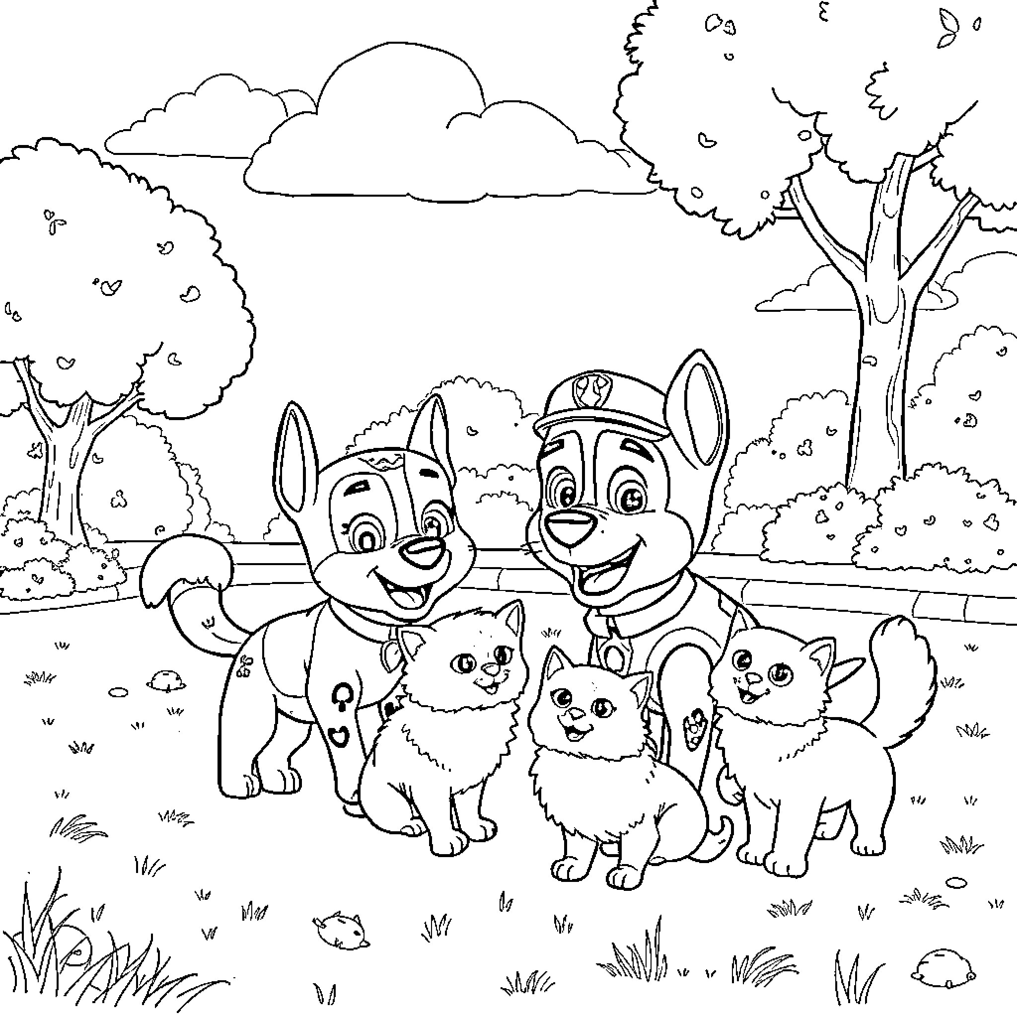 Chase through the Enchanted Forest with Puppies Coloring Page (free black-and-white line drawing printable PDF for all, from beginners to advanced learners, including children, teens, adults, and seniors)