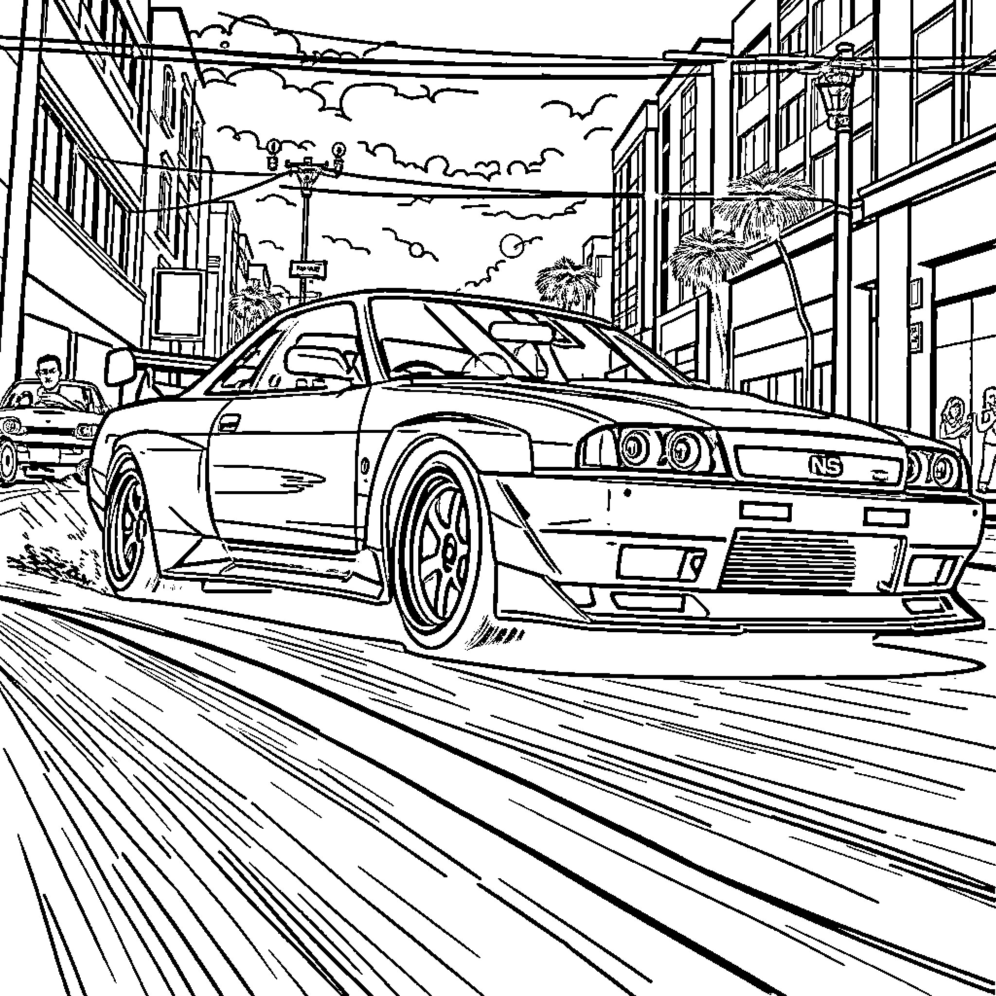 Nissan sports car speeding through city streets Coloring Page (free black-and-white line drawing printable PDF for all, from beginners to advanced learners, including children, teens, adults, and seniors)