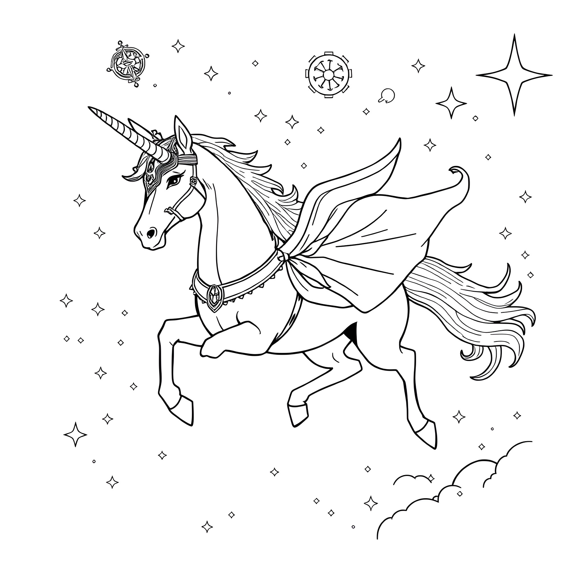 Unicorn dancing gracefully in the starry night Coloring Page (free black-and-white line drawing printable PDF for all, from beginners to advanced learners, including children, teens, adults, and seniors)