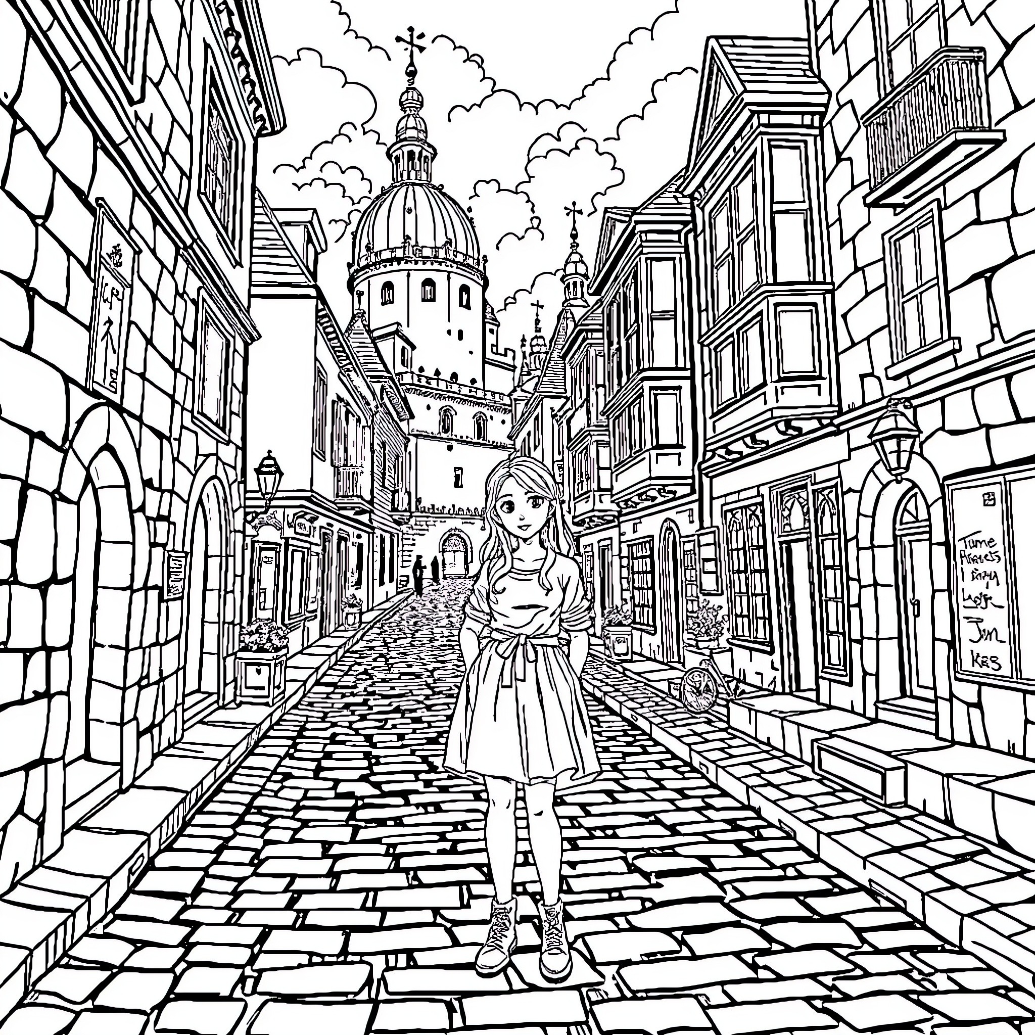 Ninja Girl Exploring the Historic City Streets Coloring Page (free black-and-white line drawing printable PDF for all, from beginners to advanced learners, including children, teens, adults, and seniors)