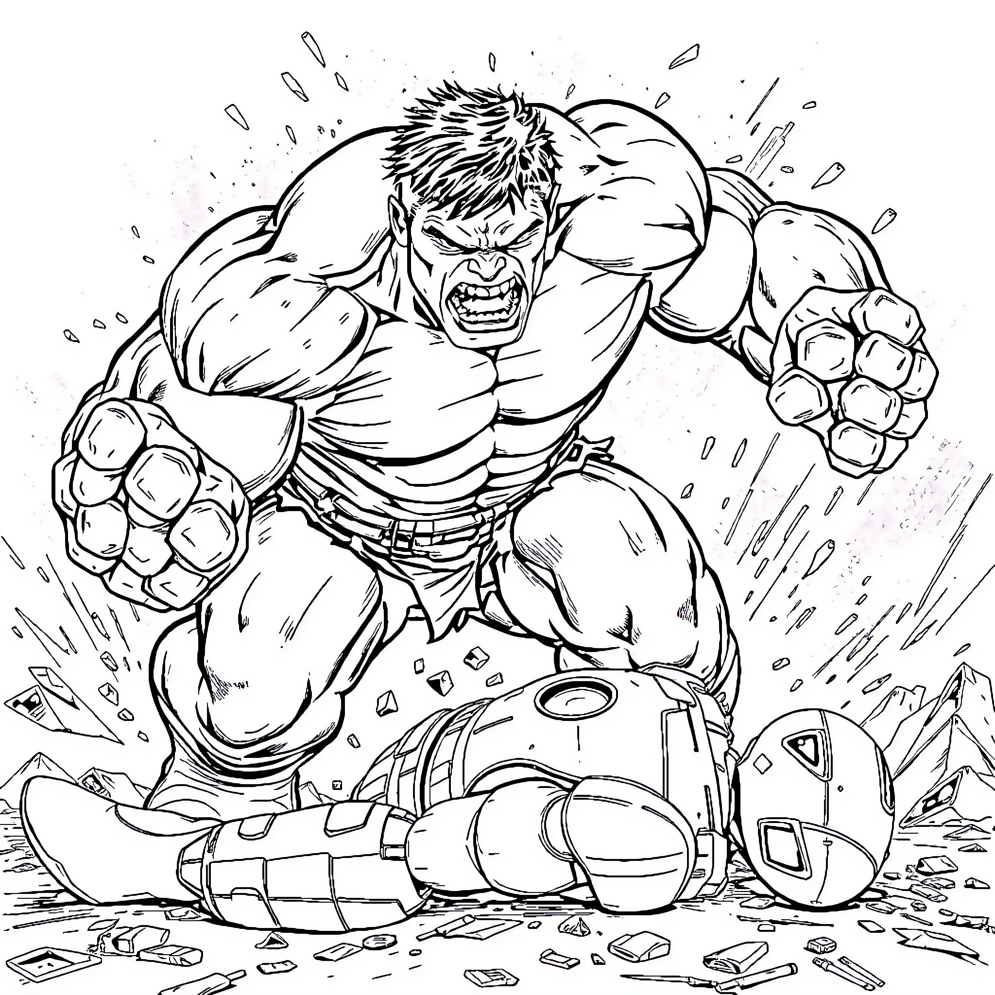 Hulk Destroying Machinery and Environment in Anger Coloring Page (free black-and-white line drawing printable PDF for all, from beginners to advanced learners, including children, teens, adults, and seniors)