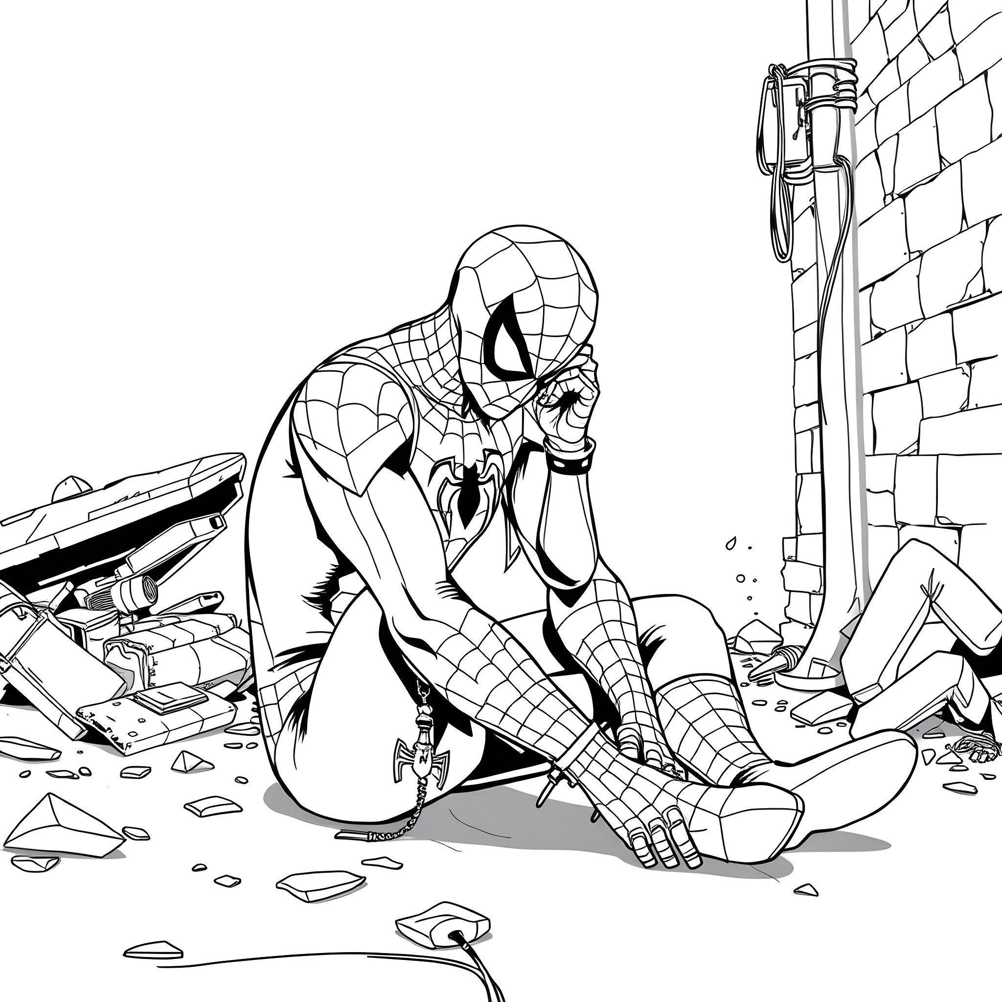 Spider-Man desperately fighting against villains in a damaged alley Coloring Page (free black-and-white line drawing printable PDF for all, from beginners to advanced learners, including children, teens, adults, and seniors)