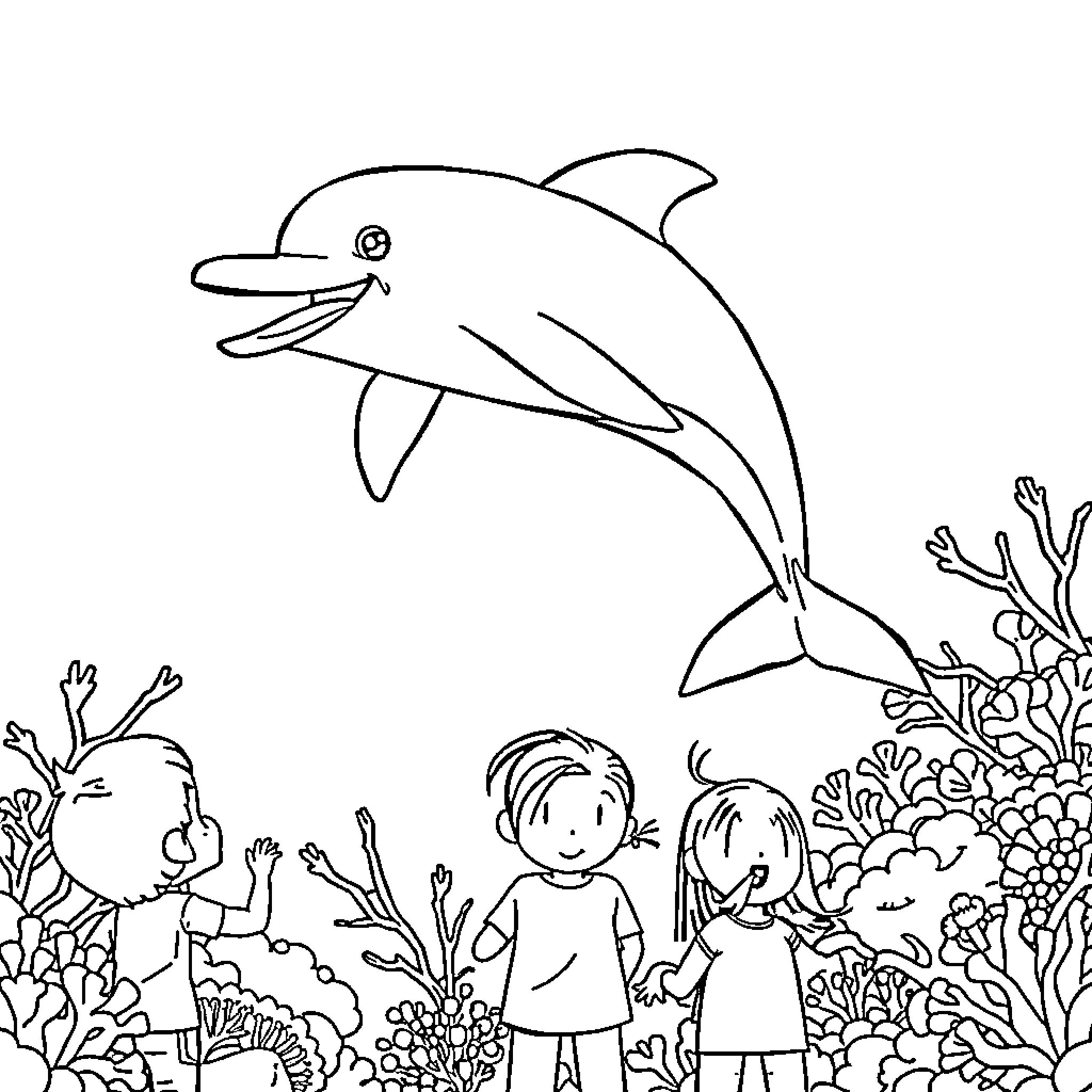 Dolphin swimming amid children in underwater garden Coloring Page (free black-and-white line drawing printable PDF for all, from beginners to advanced learners, including children, teens, adults, and seniors)