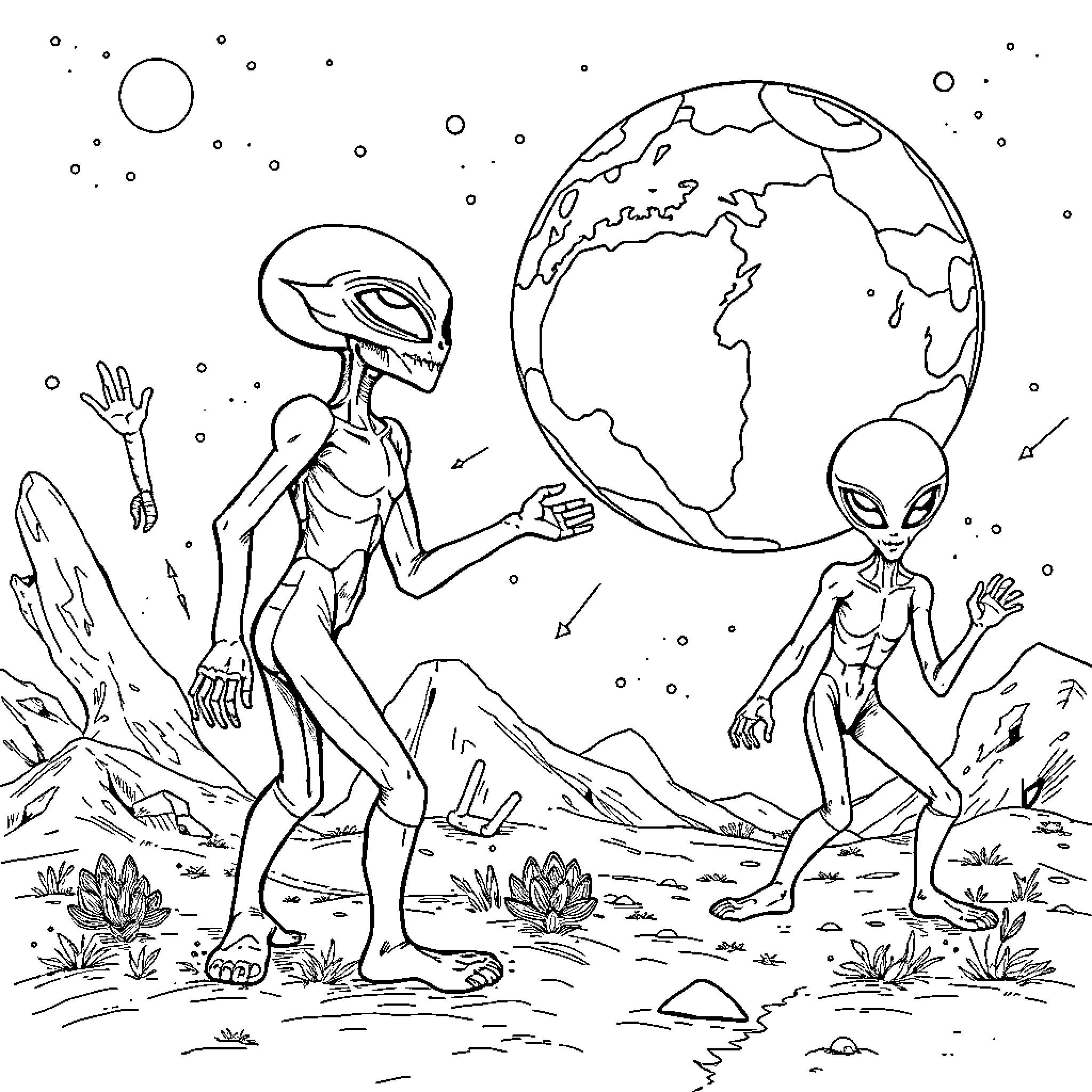 Fuss with Extraterrestrial Visitors on Alien Planet Coloring Page (free black-and-white line drawing printable PDF for all, from beginners to advanced learners, including children, teens, adults, and seniors)