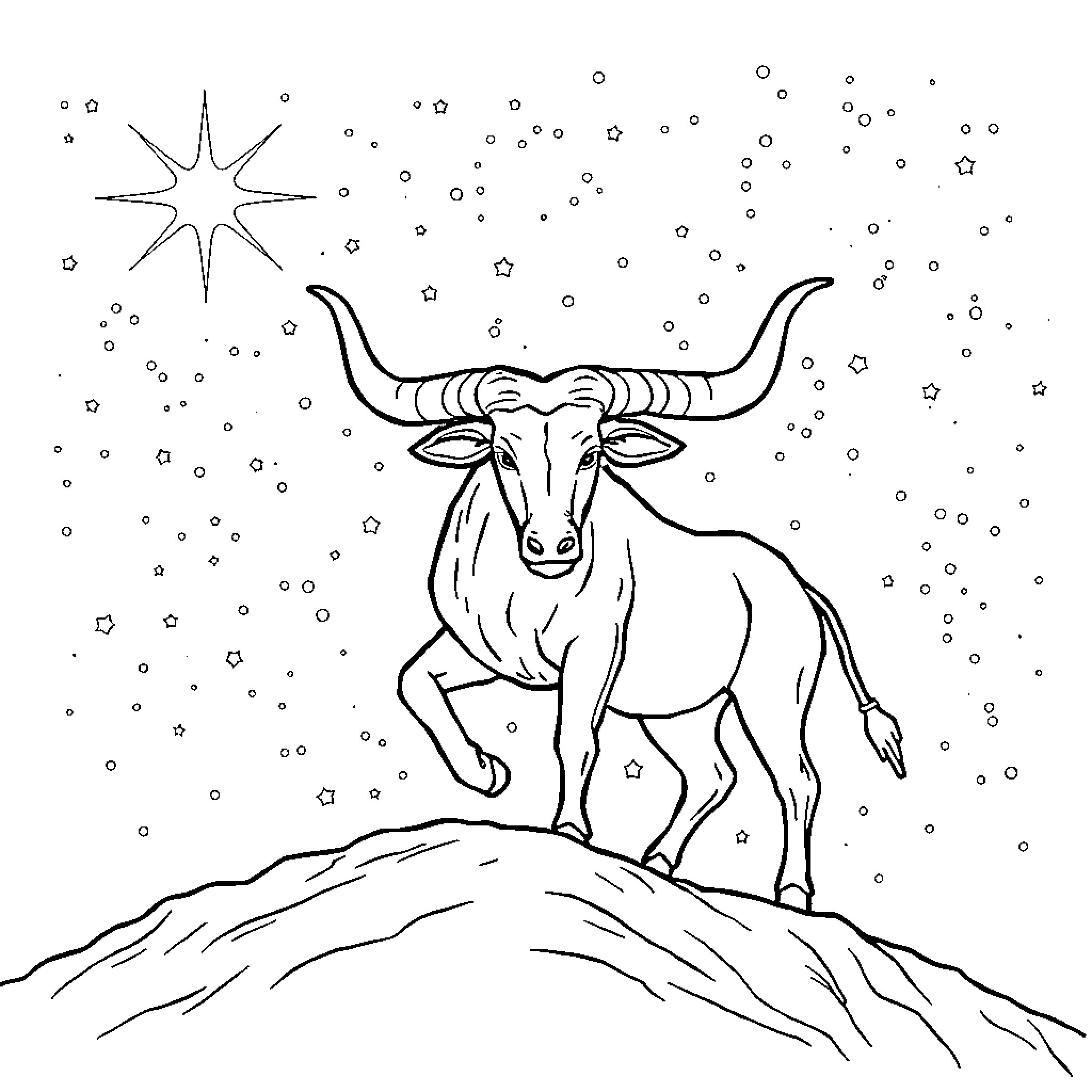 Taurus gazing at the starry night Coloring Page (free black-and-white line drawing printable PDF for all, from beginners to advanced learners, including children, teens, adults, and seniors)
