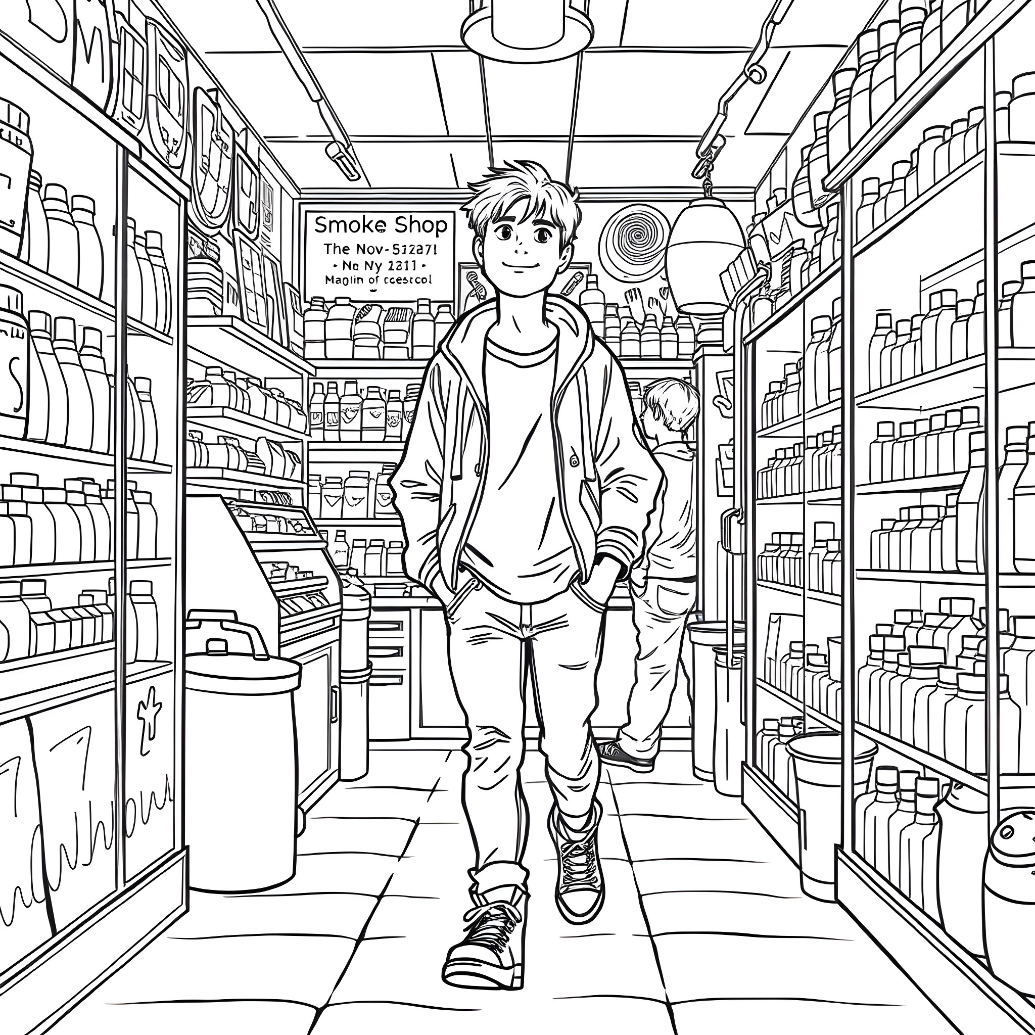 Teenager exploring a convenience store Coloring Page (free black-and-white line drawing printable PDF for all, from beginners to advanced learners, including children, teens, adults, and seniors)