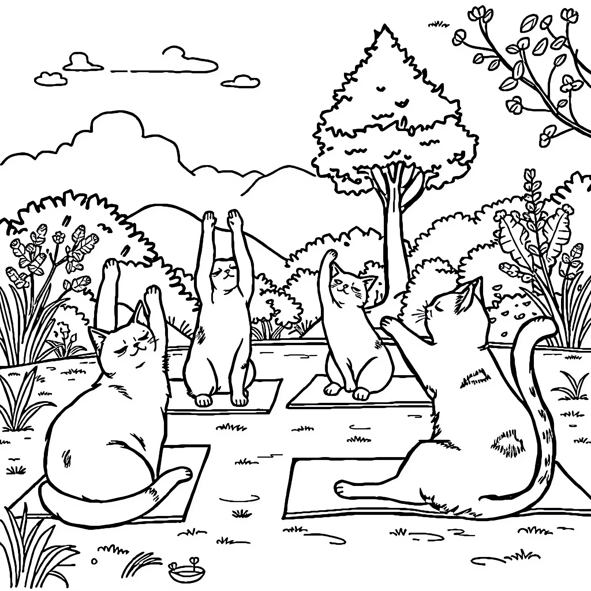 Cat Enjoying Nature with Friends Coloring Page (free black-and-white line drawing printable PDF for all, from beginners to advanced learners, including children, teens, adults, and seniors)