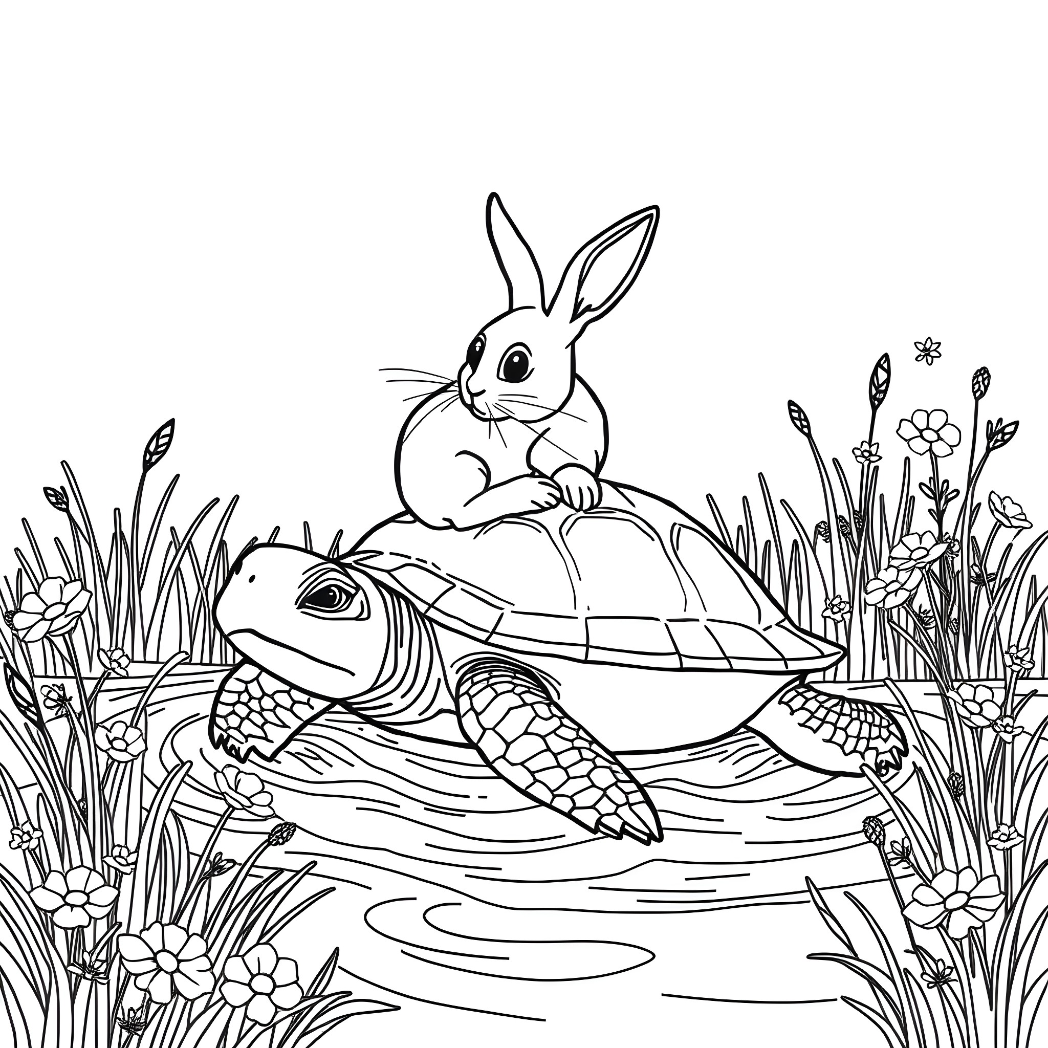 Rabbit relaxing on a turtle in a flowery meadow Coloring Page (free black-and-white line drawing printable PDF for all, from beginners to advanced learners, including children, teens, adults, and seniors)