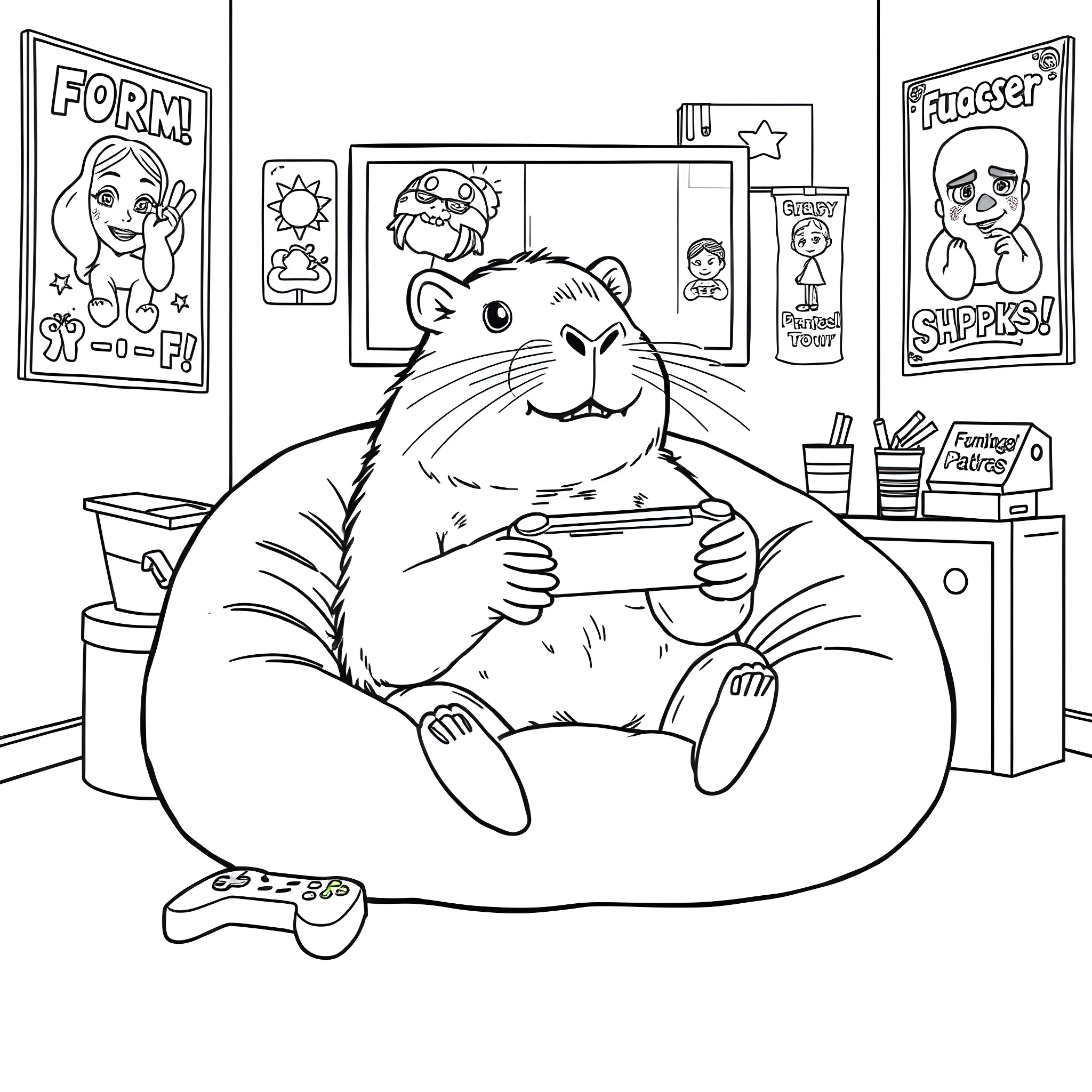 Capybara enjoying video games in cozy room Coloring Page (free black-and-white line drawing printable PDF for all, from beginners to advanced learners, including children, teens, adults, and seniors)