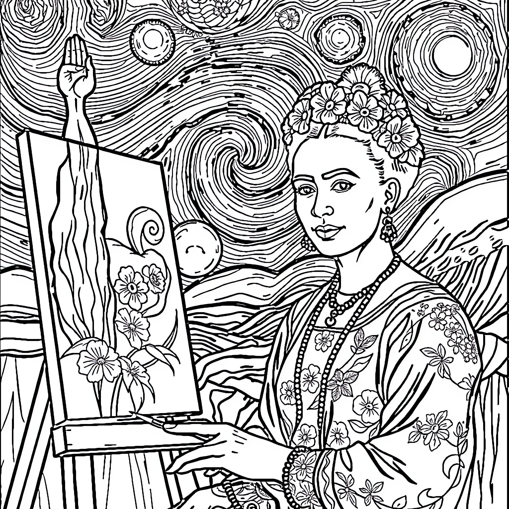 Frida Kahlo creating her artistic masterpiece Coloring Page (free black-and-white line drawing printable PDF for all, from beginners to advanced learners, including children, teens, adults, and seniors)