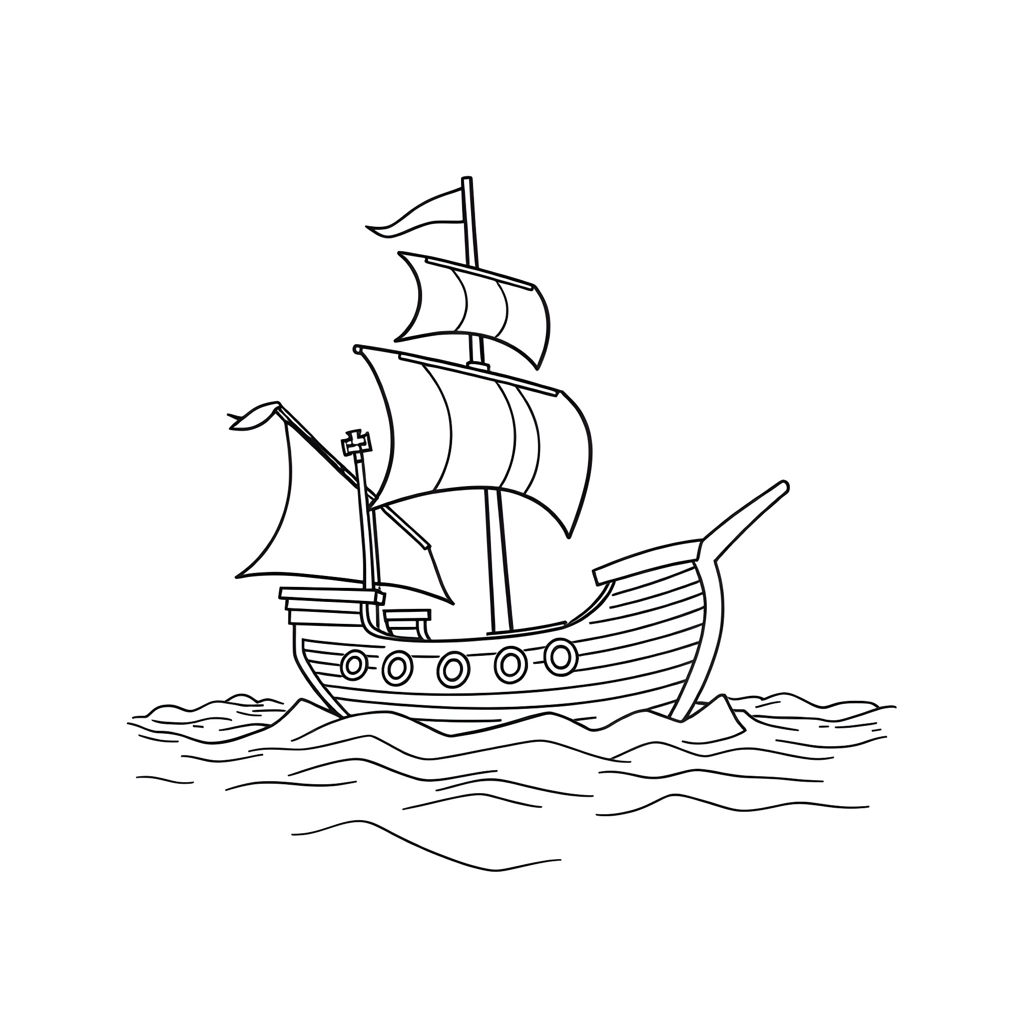 Pirate Ship Sailing the Seas Coloring Page (free black-and-white line drawing printable PDF for all, from beginners to advanced learners, including children, teens, adults, and seniors)