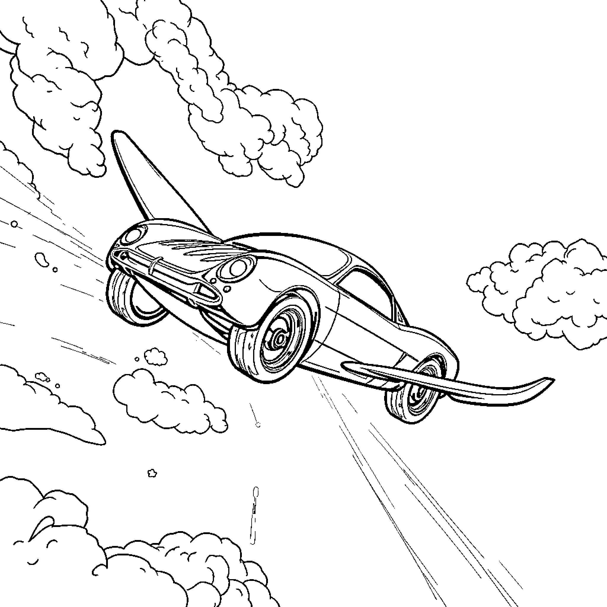 Flying Car Soaring Through Clouds Coloring Page (free black-and-white line drawing printable PDF for all, from beginners to advanced learners, including children, teens, adults, and seniors)