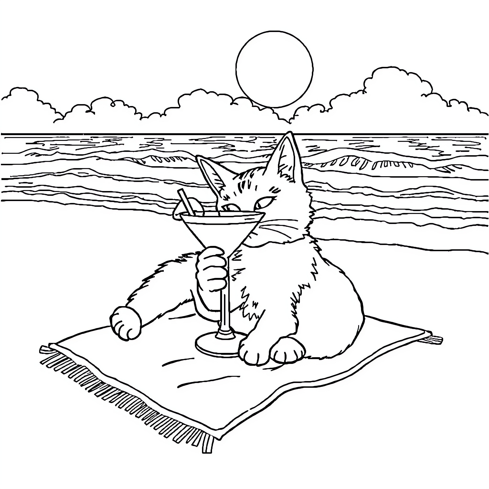Cat relaxing on the beach with a drink Coloring Page (free black-and-white line drawing printable PDF for all, from beginners to advanced learners, including children, teens, adults, and seniors)