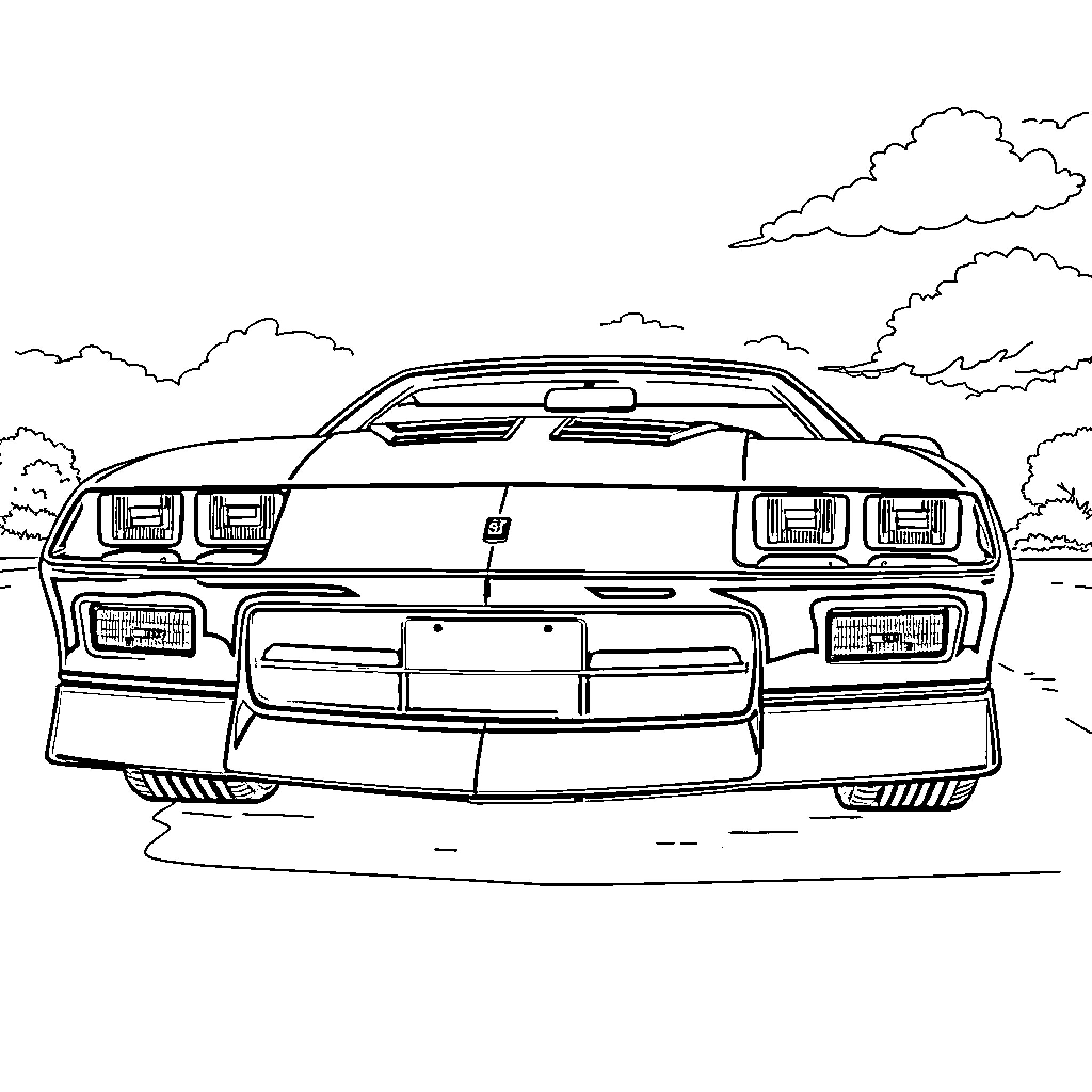 Camaro speeding through the countryside Coloring Page (free black-and-white line drawing printable PDF for all, from beginners to advanced learners, including children, teens, adults, and seniors)