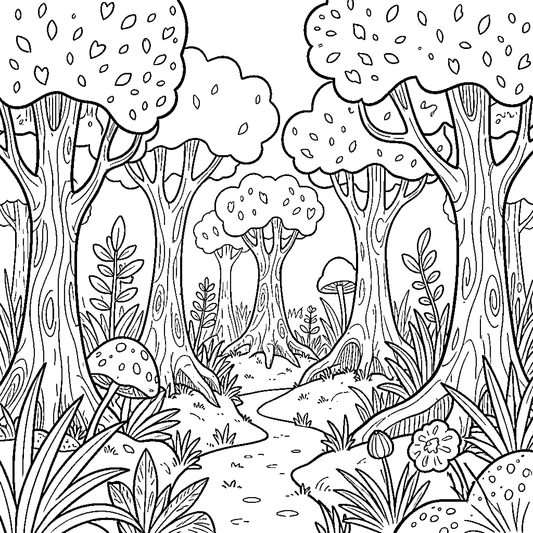 Forest path winding through lush trees and mushrooms Coloring Page (free black-and-white line drawing printable PDF for all, from beginners to advanced learners, including children, teens, adults, and seniors)