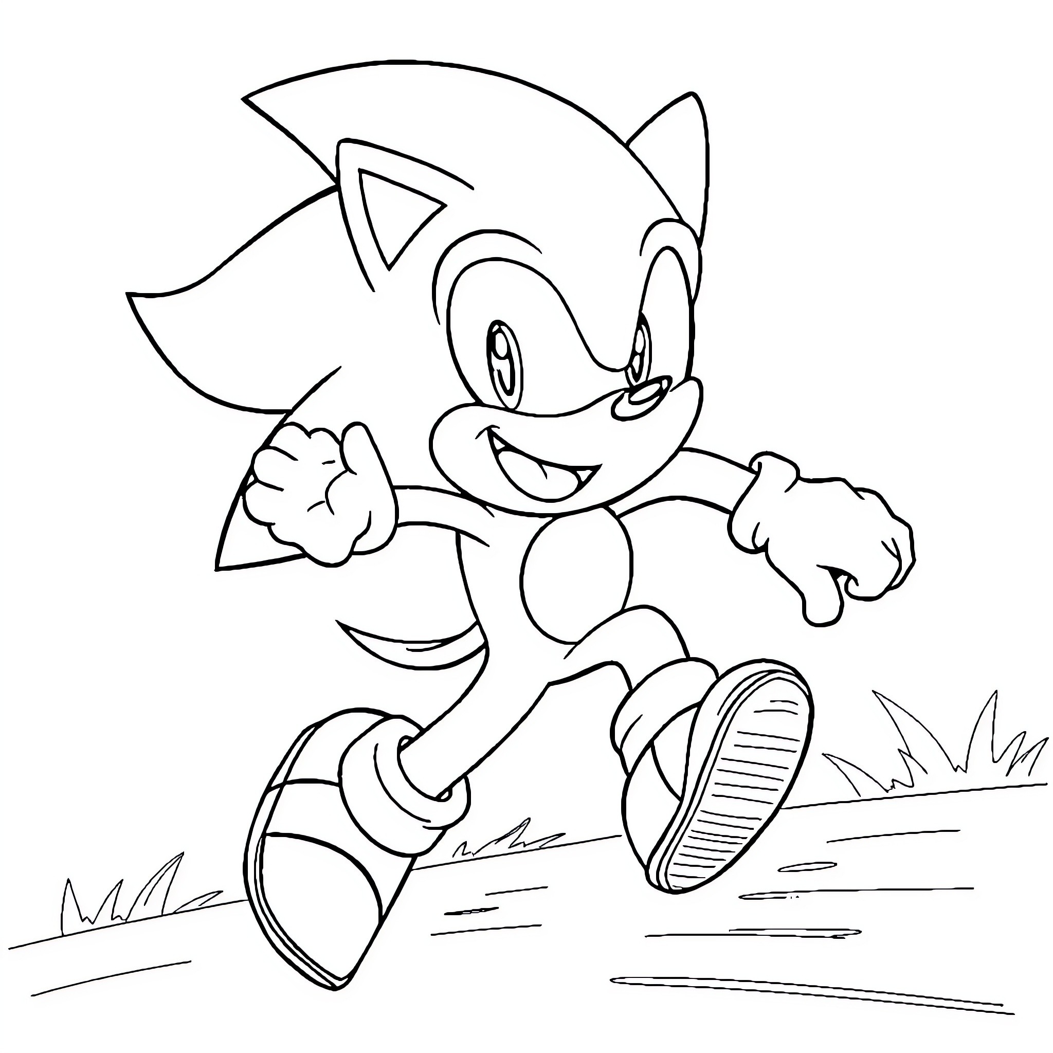 Sonic the Hedgehog running happily in a scene Coloring Page (free black-and-white line drawing printable PDF for all, from beginners to advanced learners, including children, teens, adults, and seniors)