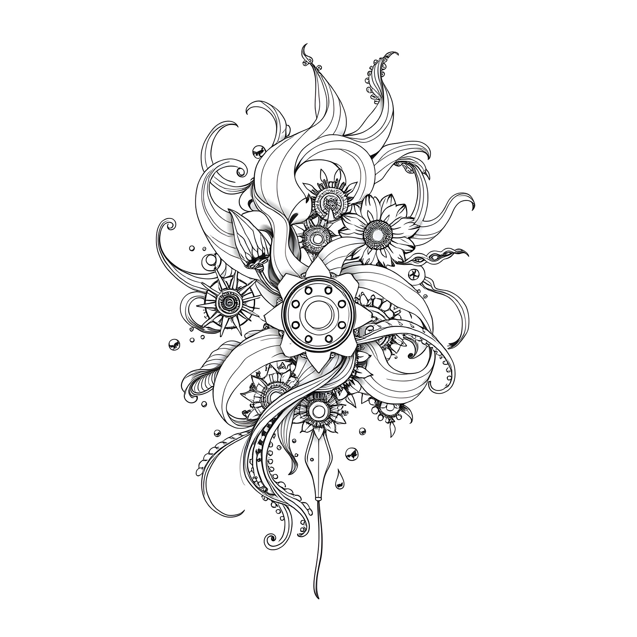 Biomechanical Tattoo with Floral and Organic Elements Coloring Page (free black-and-white line drawing printable PDF for all, from beginners to advanced learners, including children, teens, adults, and seniors)