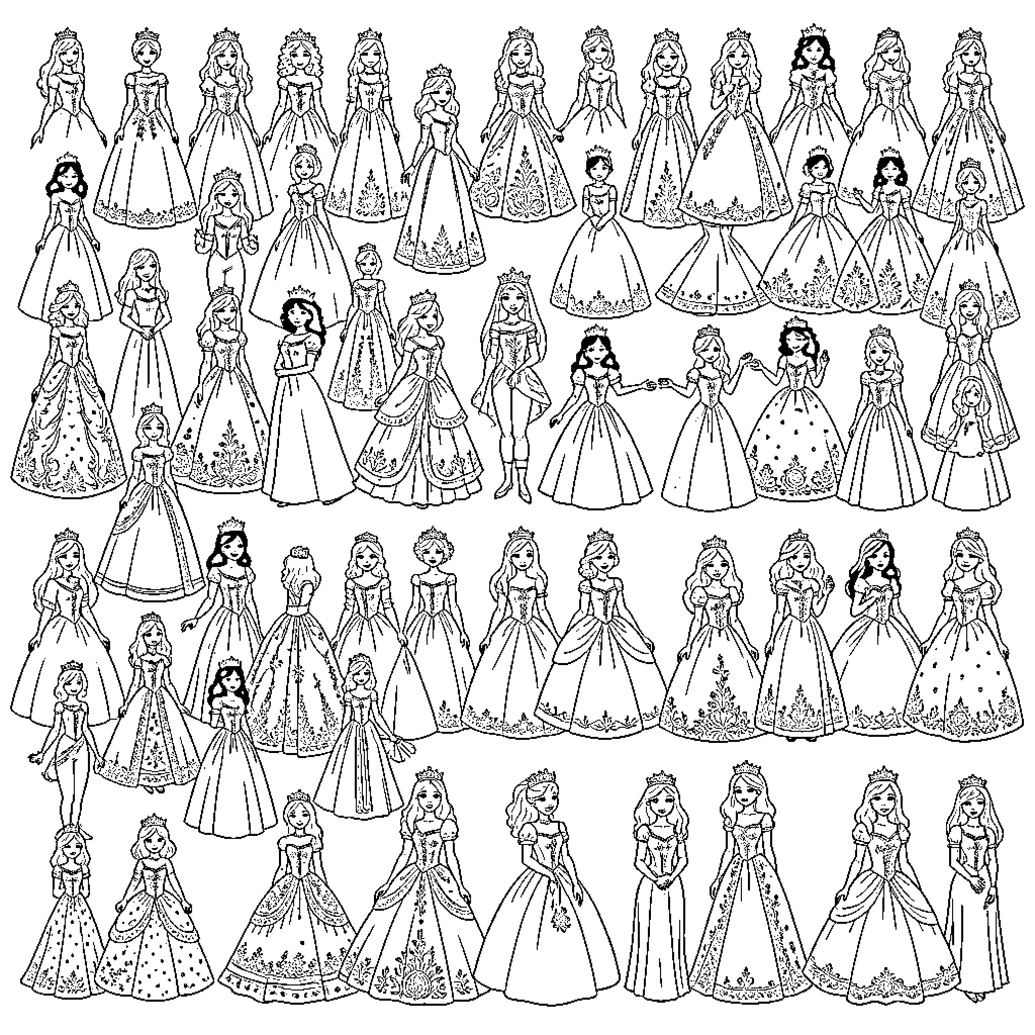 Princess Dresses and Accessories Coloring Page (free black-and-white line drawing printable PDF for all, from beginners to advanced learners, including children, teens, adults, and seniors)