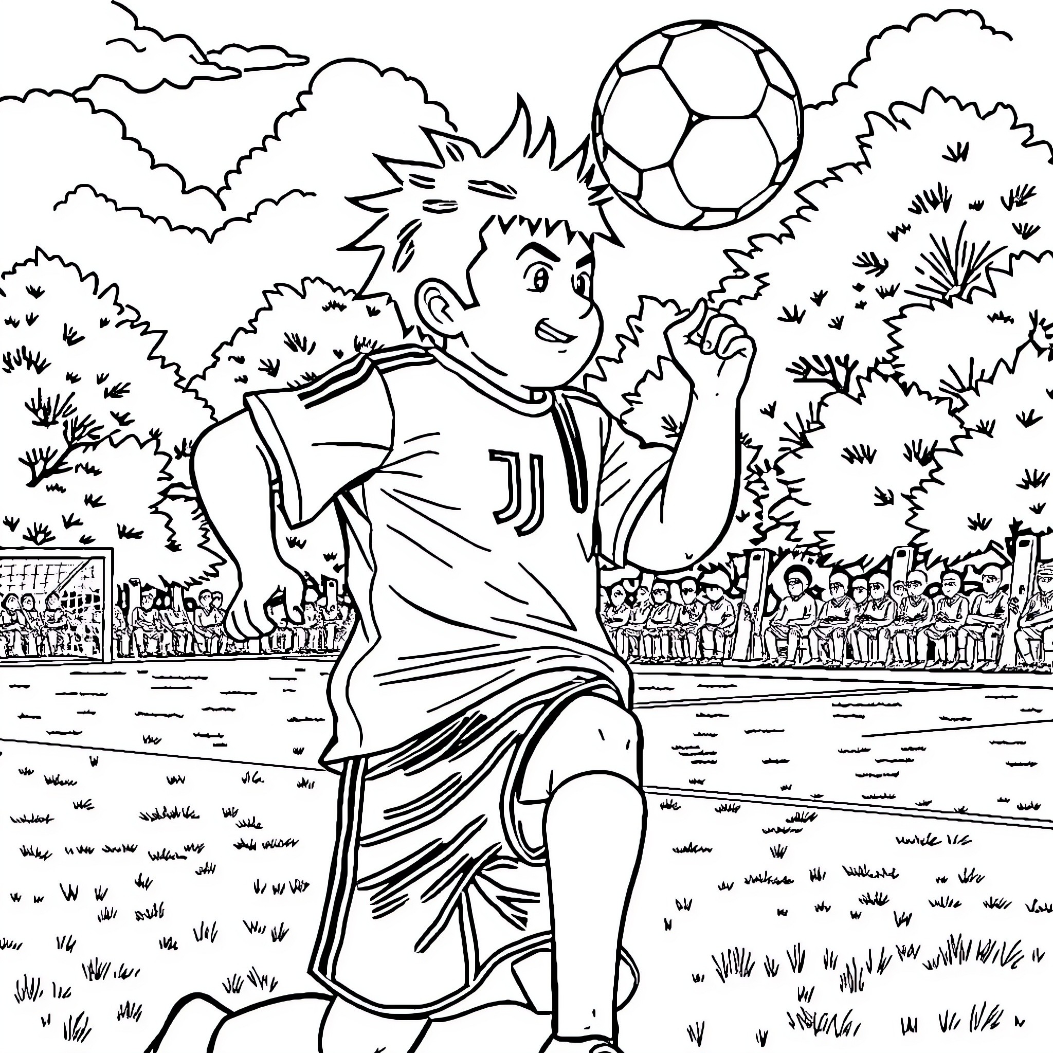 Sangoku's Soccer Celebration Coloring Page (free black-and-white line drawing printable PDF for all, from beginners to advanced learners, including children, teens, adults, and seniors)
