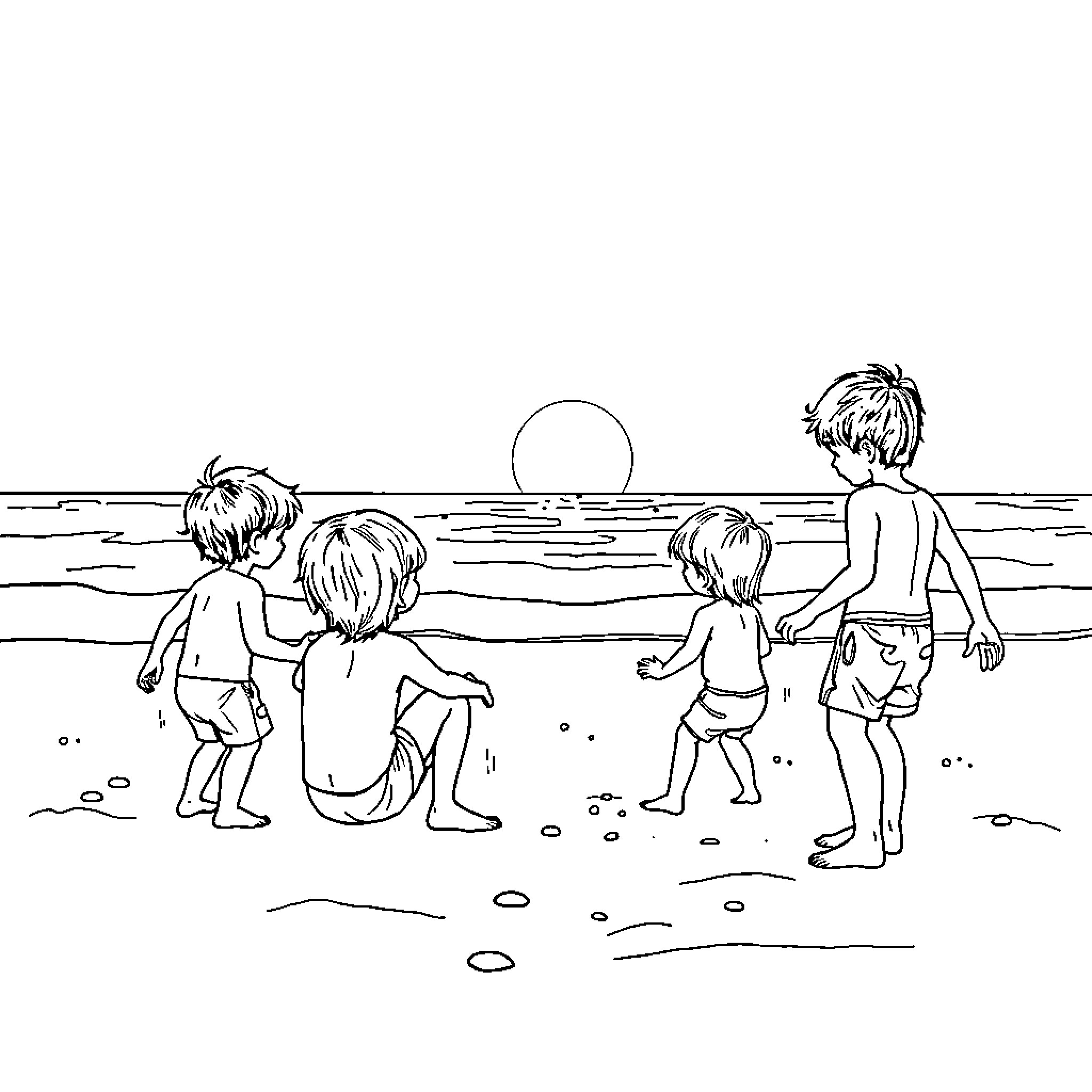 Niños playing on the beach at sunset Coloring Page (free black-and-white line drawing printable PDF for all, from beginners to advanced learners, including children, teens, adults, and seniors)