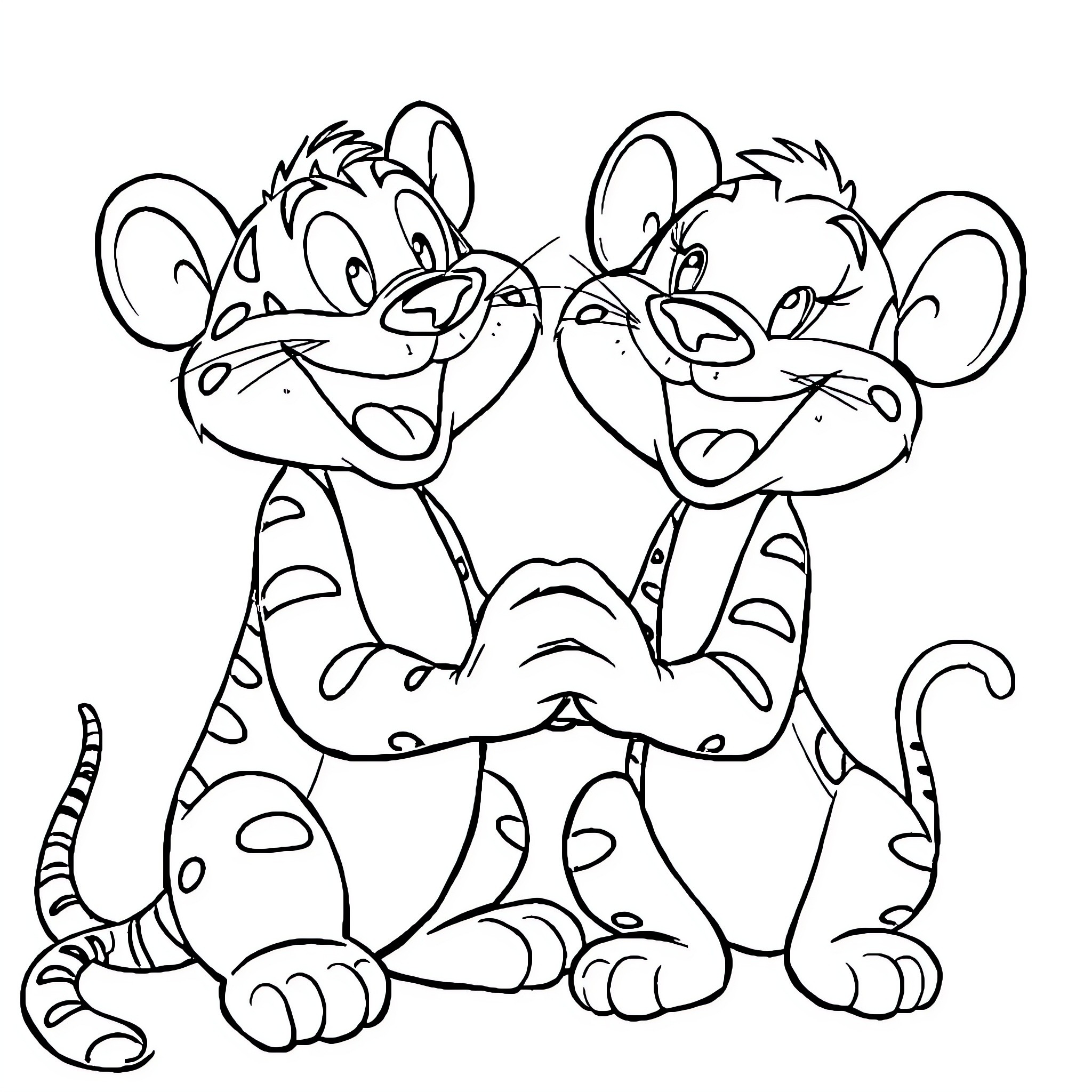Tigger's mischievous antics with his friend Coloring Page (free black-and-white line drawing printable PDF for all, from beginners to advanced learners, including children, teens, adults, and seniors)