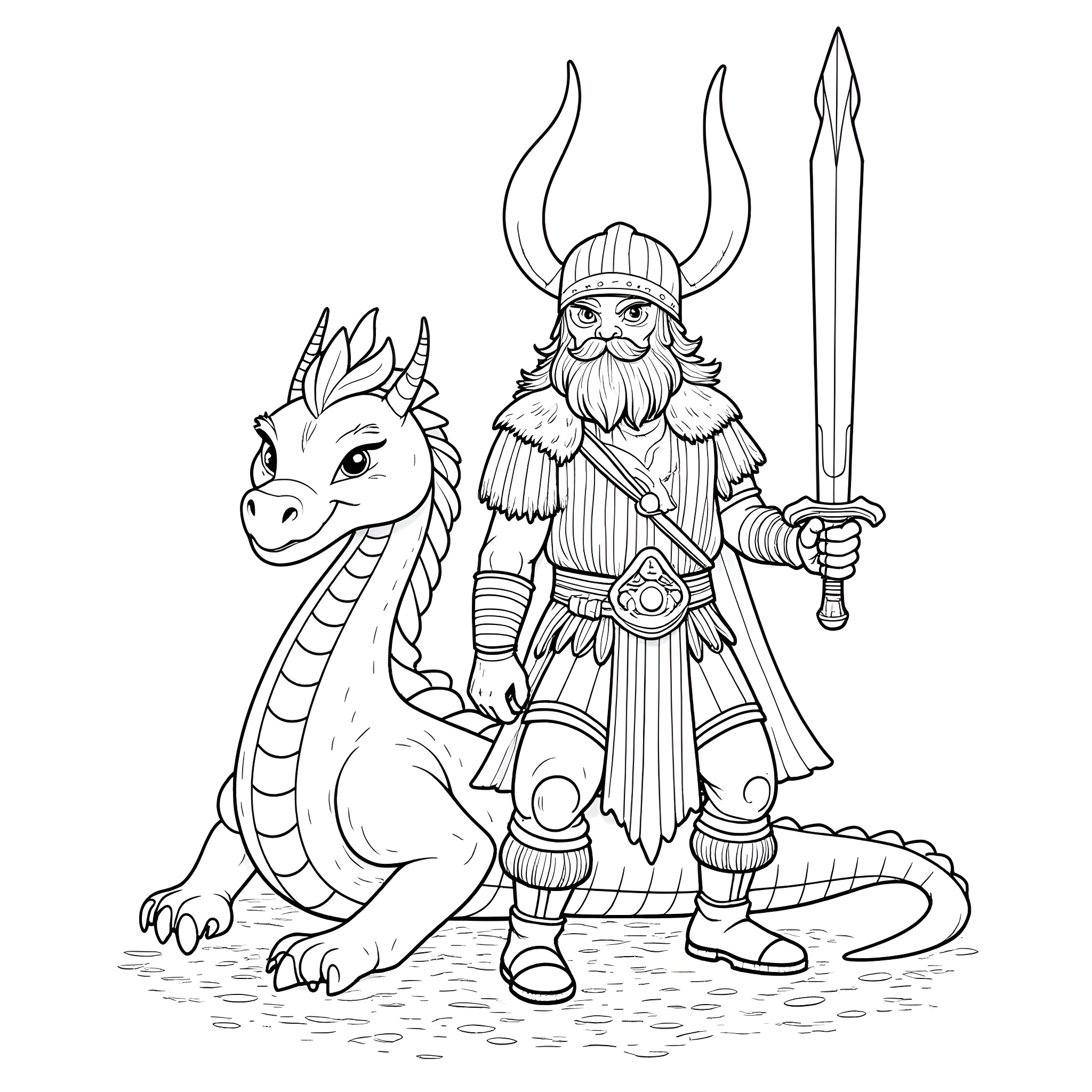 Viking warrior and mythical dragon companion Coloring Page (free black-and-white line drawing printable PDF for all, from beginners to advanced learners, including children, teens, adults, and seniors)
