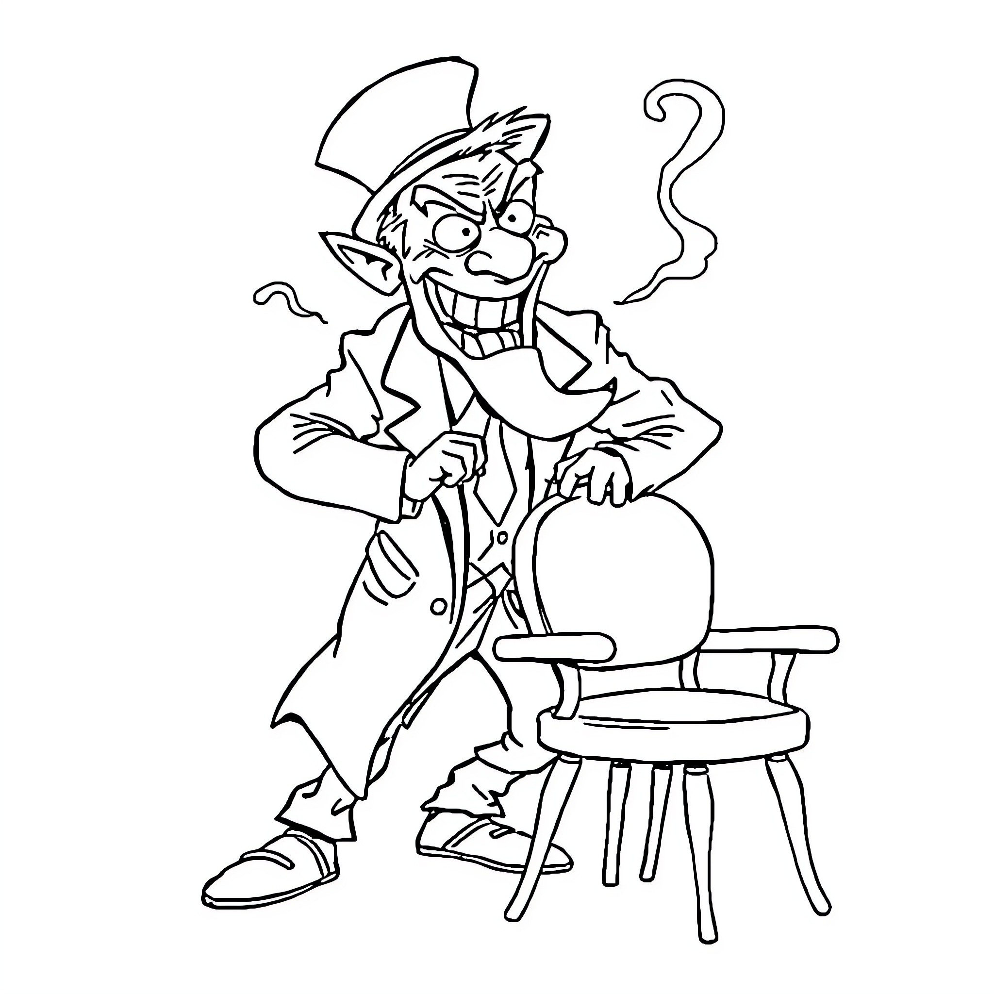 Doctor Mad Scientist with Smoking Pipe and Chair Coloring Page (free black-and-white line drawing printable PDF for all, from beginners to advanced learners, including children, teens, adults, and seniors)