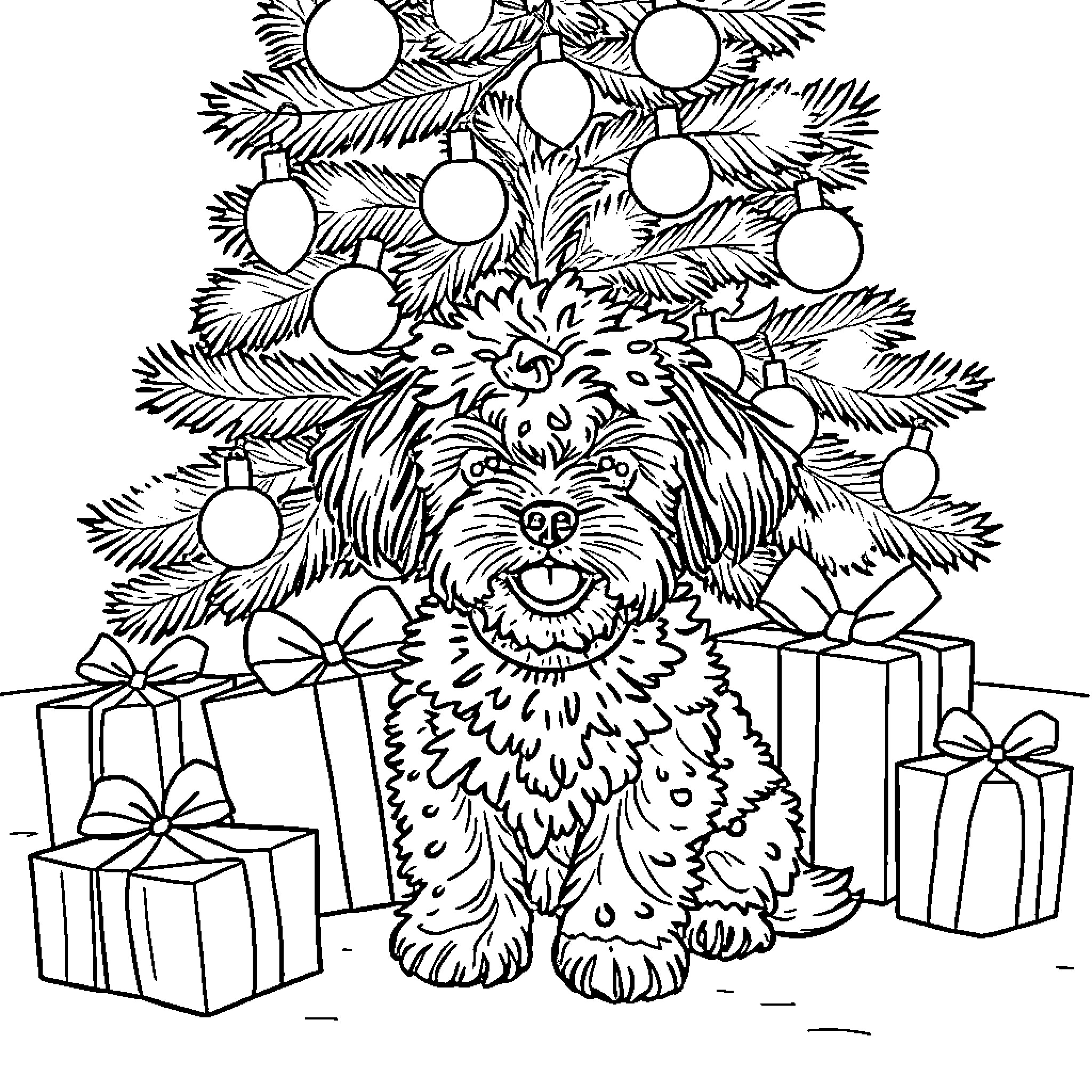 Cavapoo exploring festive Christmas tree and gifts Coloring Page (free black-and-white line drawing printable PDF for all, from beginners to advanced learners, including children, teens, adults, and seniors)