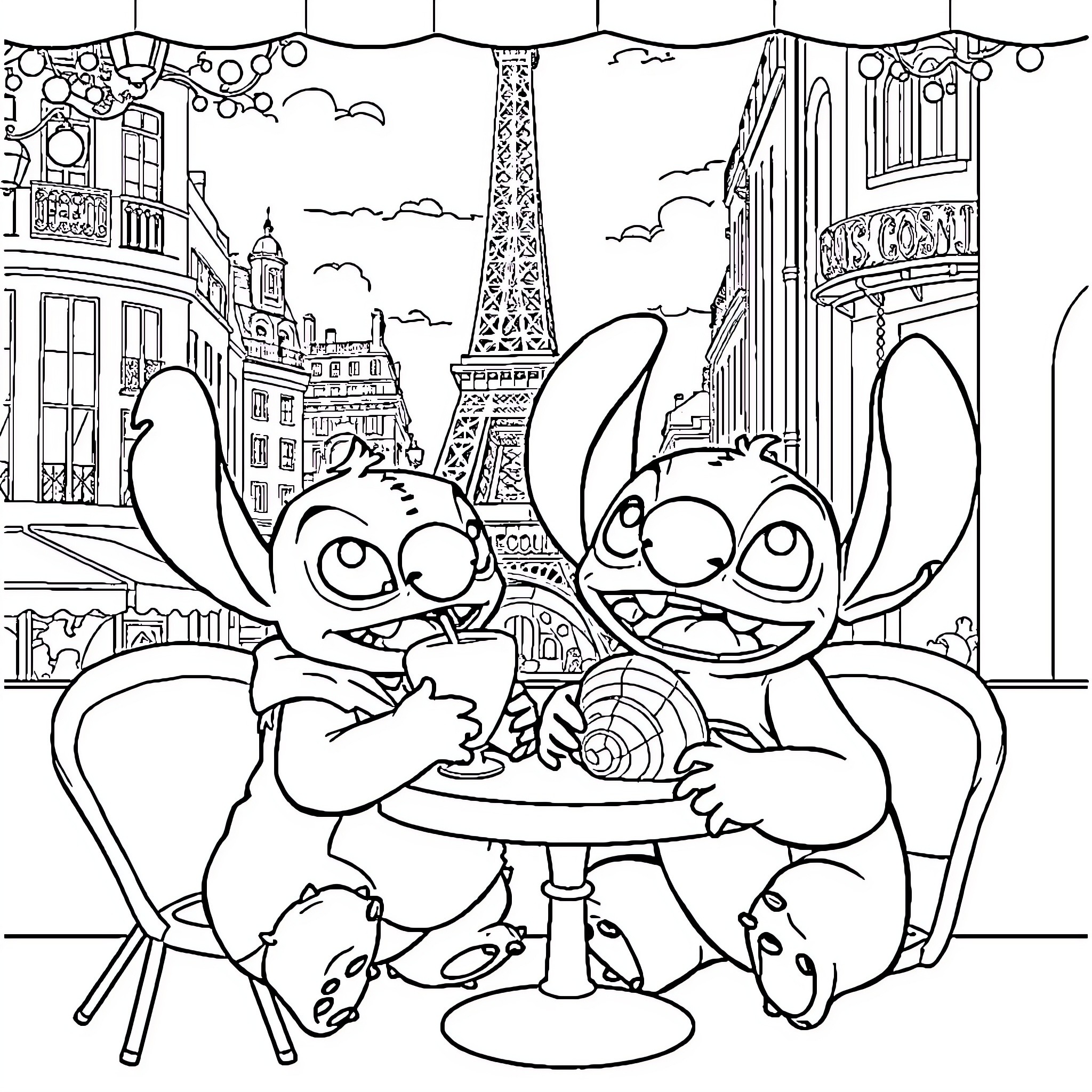 Lilo And Stitch Enjoying a Parisian Adventure Coloring Page (free black-and-white line drawing printable PDF for all, from beginners to advanced learners, including children, teens, adults, and seniors)
