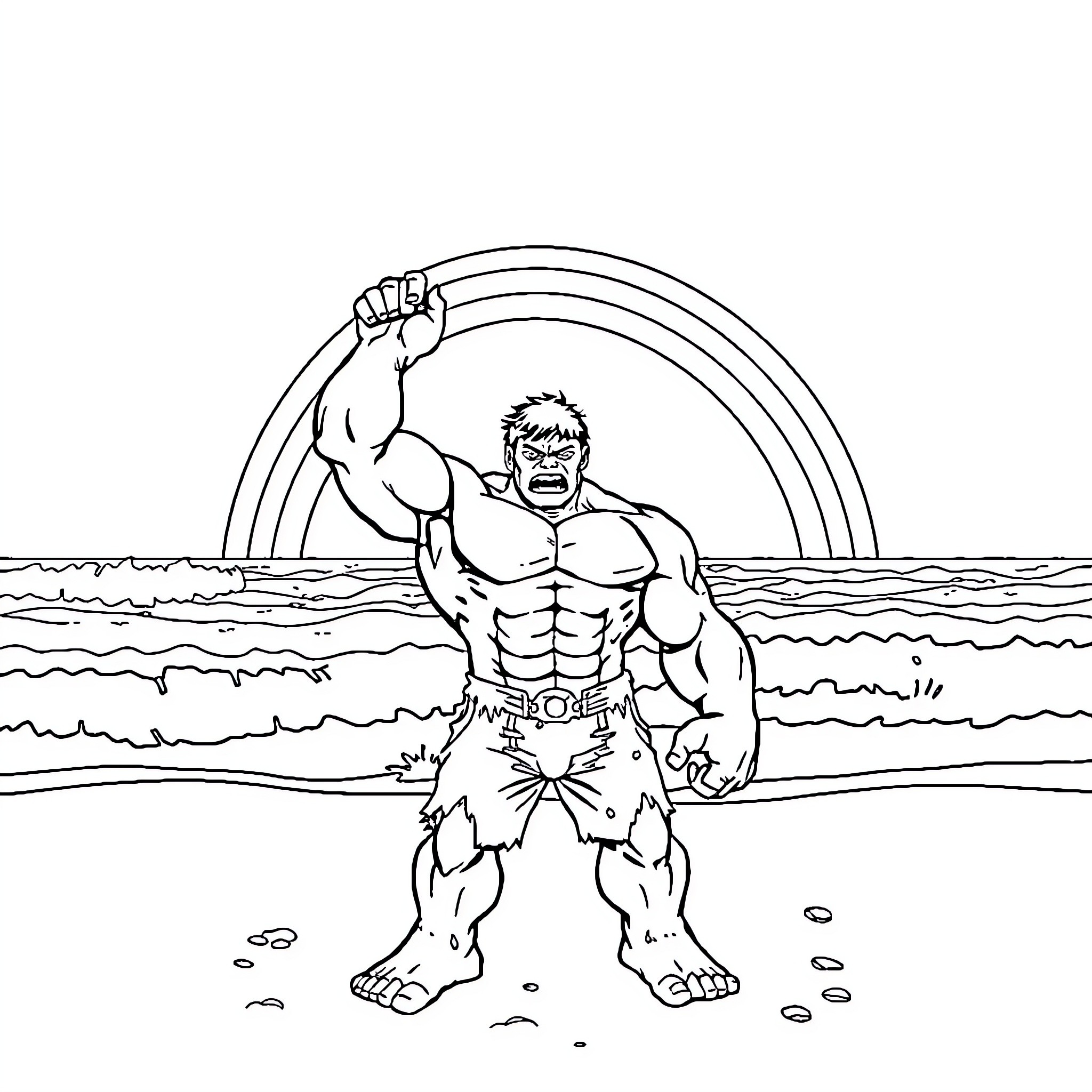 Hulk Unleashes Power at the Beach Coloring Page (free black-and-white line drawing printable PDF for all, from beginners to advanced learners, including children, teens, adults, and seniors)