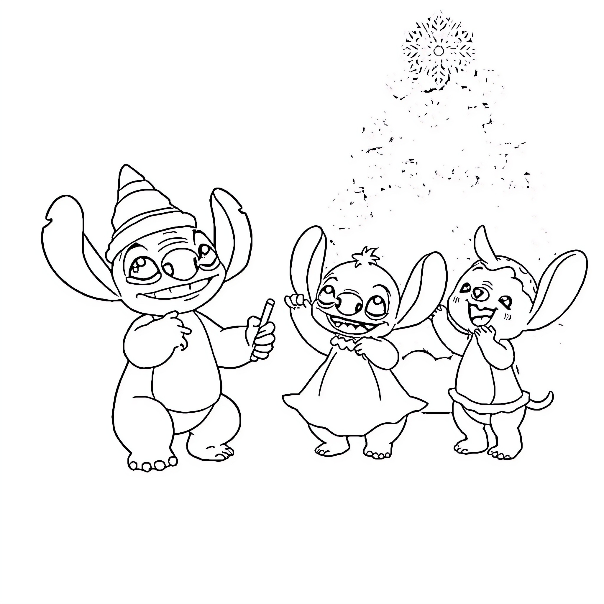 Stitch and friends playing and celebrating Coloring Page (free black-and-white line drawing printable PDF for all, from beginners to advanced learners, including children, teens, adults, and seniors)