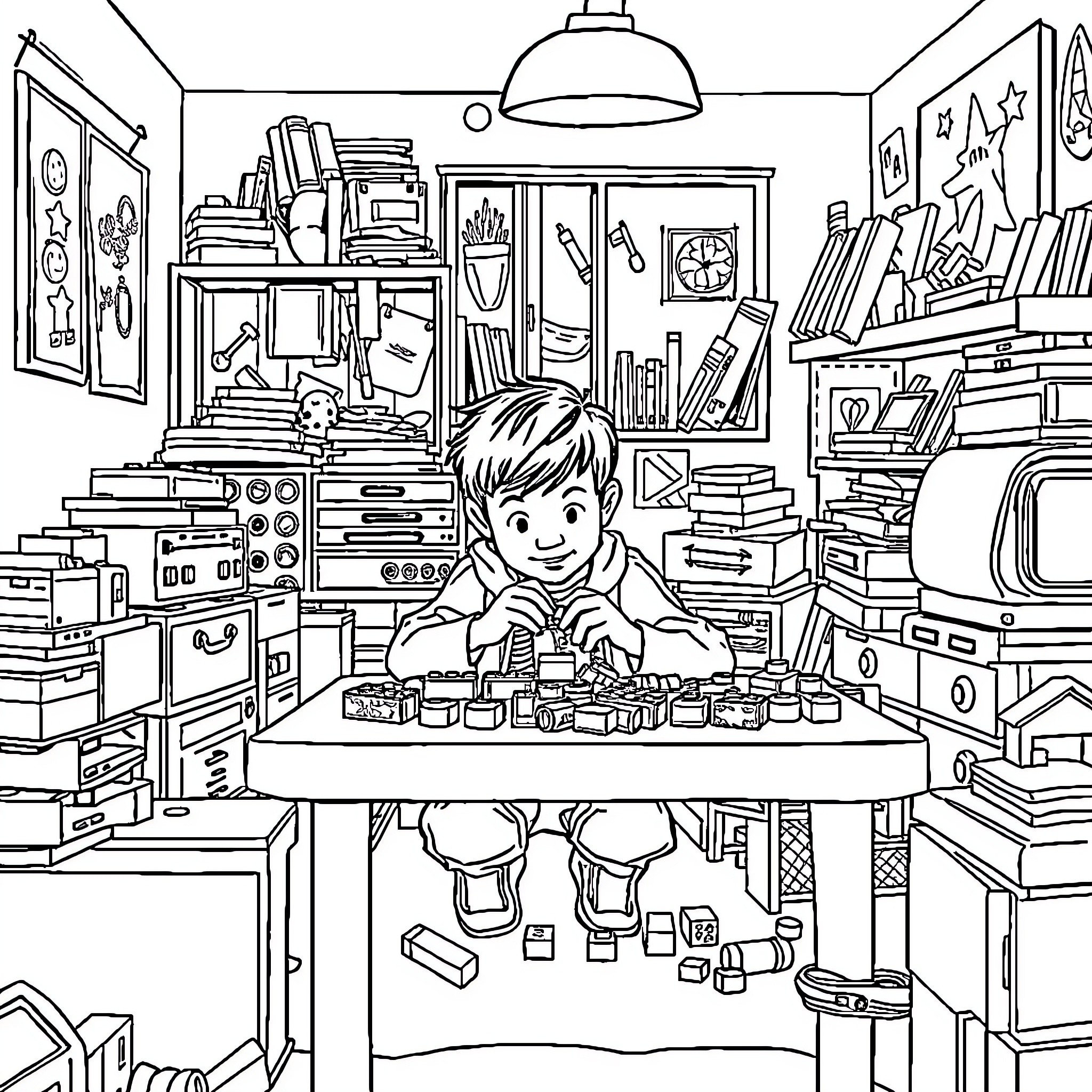 Lego Boy Creating Masterpieces in His Cluttered Workshop Coloring Page (free black-and-white line drawing printable PDF for all, from beginners to advanced learners, including children, teens, adults, and seniors)