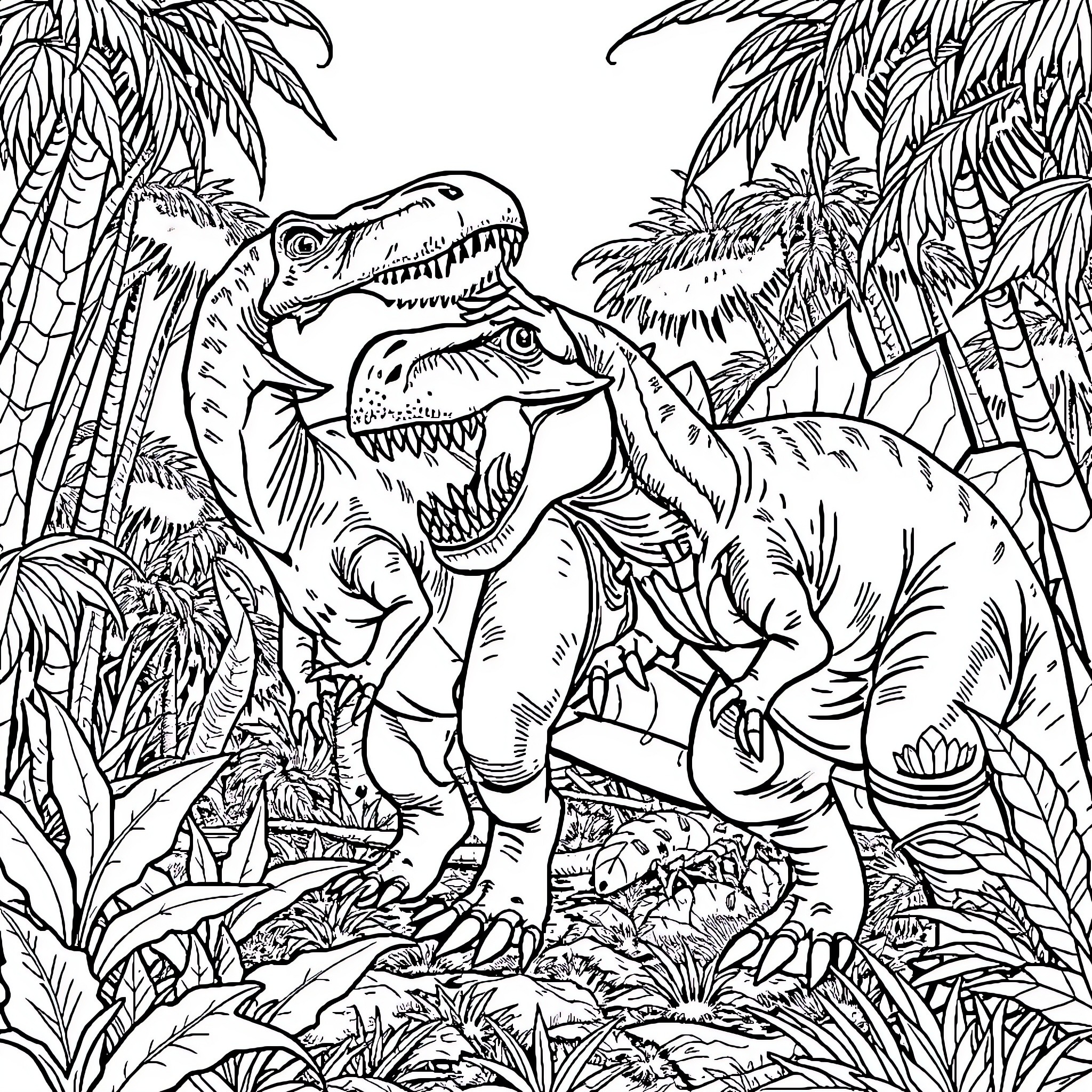 Dinosaurs Roaring in Lush Jungle Landscape Coloring Page (free black-and-white line drawing printable PDF for all, from beginners to advanced learners, including children, teens, adults, and seniors)