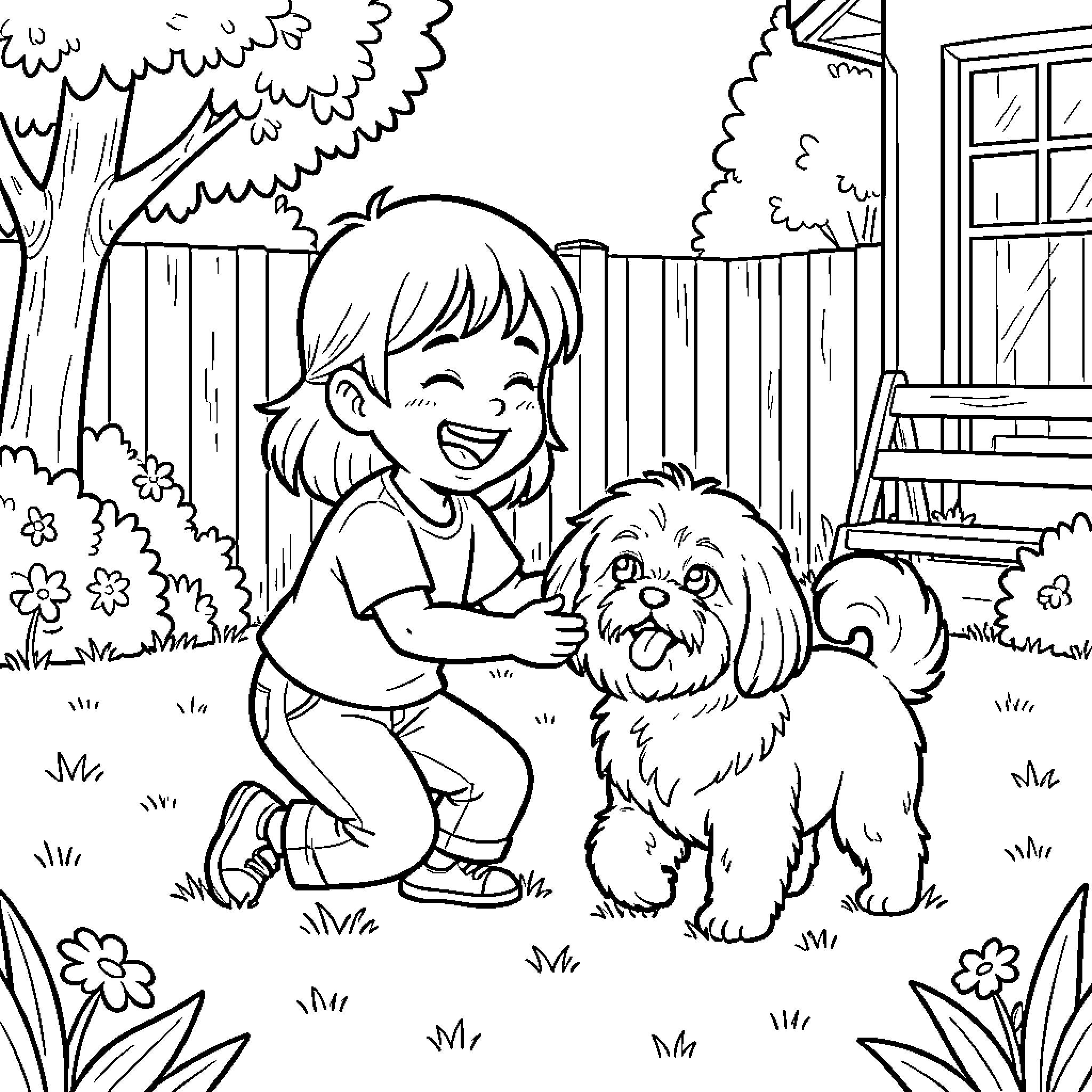 Shih Tzu and a cheerful child playing in the garden Coloring Page (free black-and-white line drawing printable PDF for all, from beginners to advanced learners, including children, teens, adults, and seniors)