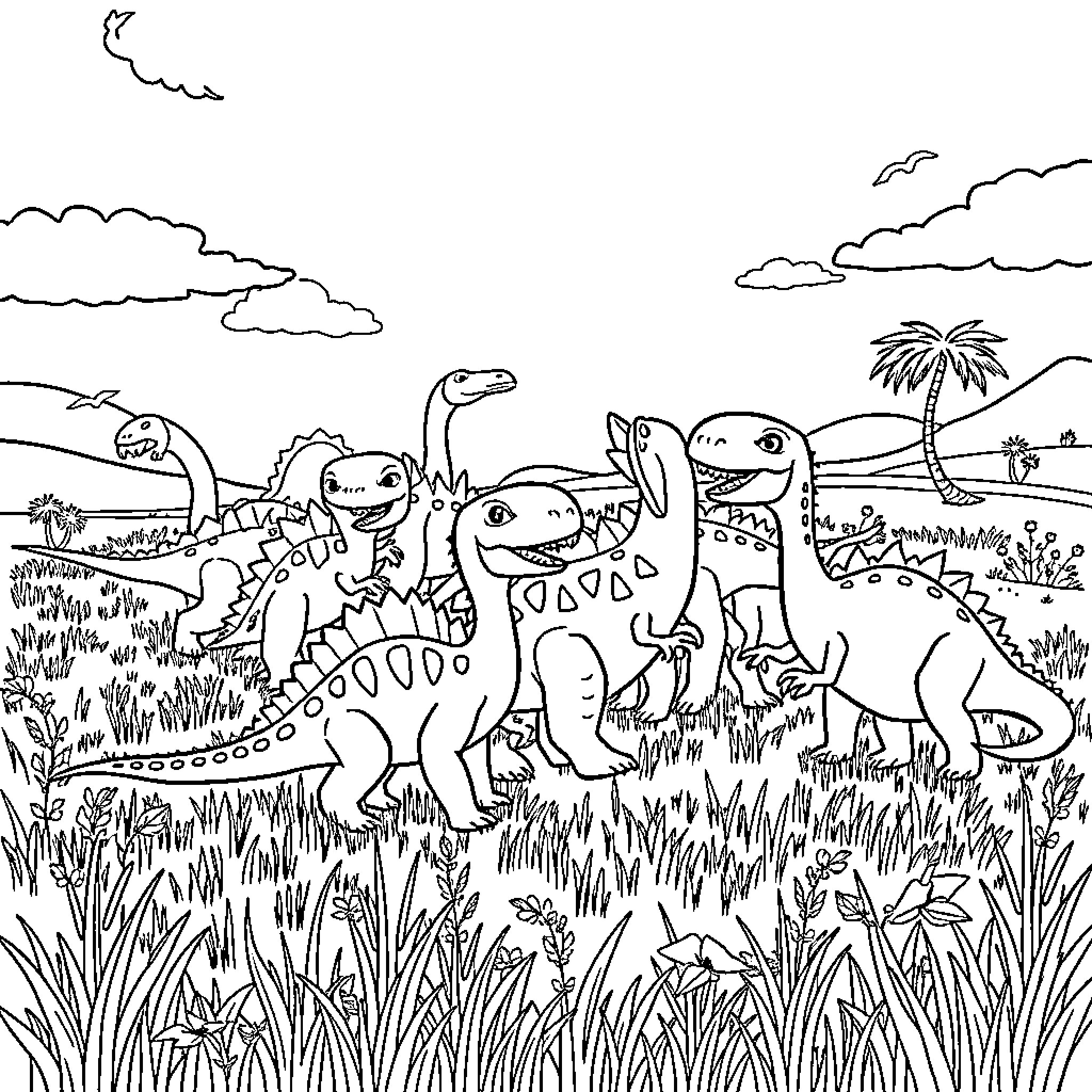 Dinosaurs playing and exploring in a lush landscape Coloring Page (free black-and-white line drawing printable PDF for all, from beginners to advanced learners, including children, teens, adults, and seniors)