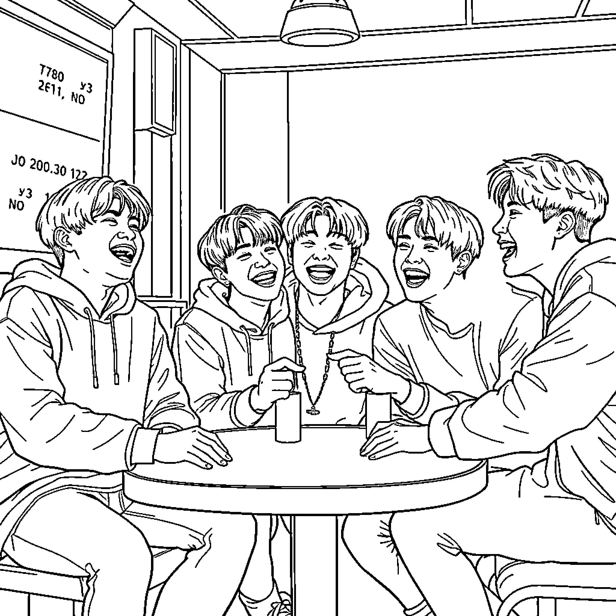 BTS Enjoying a Lively Gathering Coloring Page (free black-and-white line drawing printable PDF for all, from beginners to advanced learners, including children, teens, adults, and seniors)