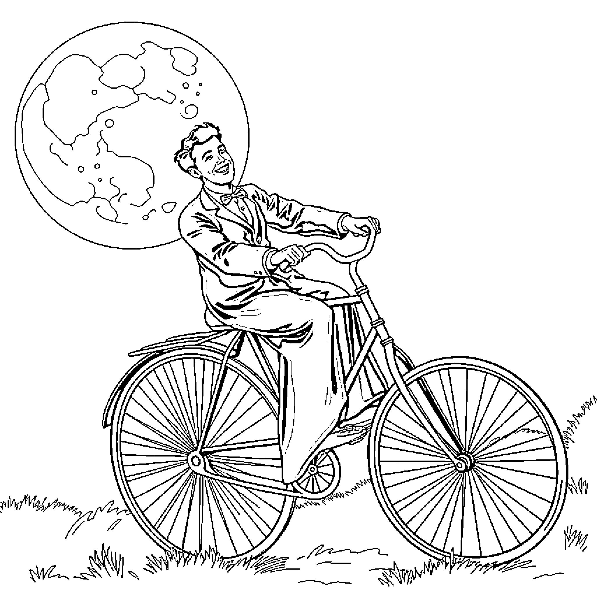 Man riding a bicycle with a globe behind him Coloring Page (free black-and-white line drawing printable PDF for all, from beginners to advanced learners, including children, teens, adults, and seniors)