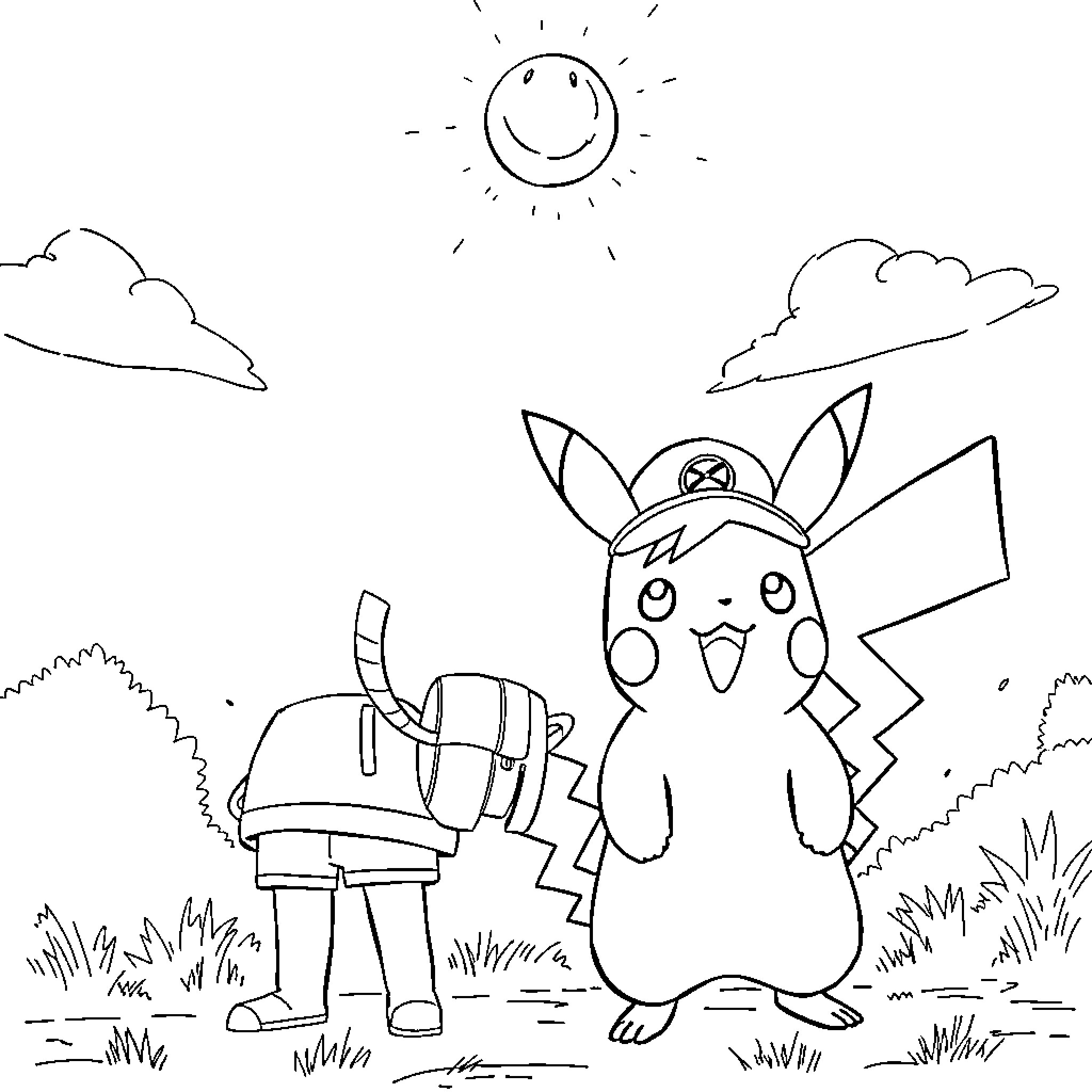 Pikachu and Robotic Companion Explore Sunny Landscape Coloring Page (free black-and-white line drawing printable PDF for all, from beginners to advanced learners, including children, teens, adults, and seniors)