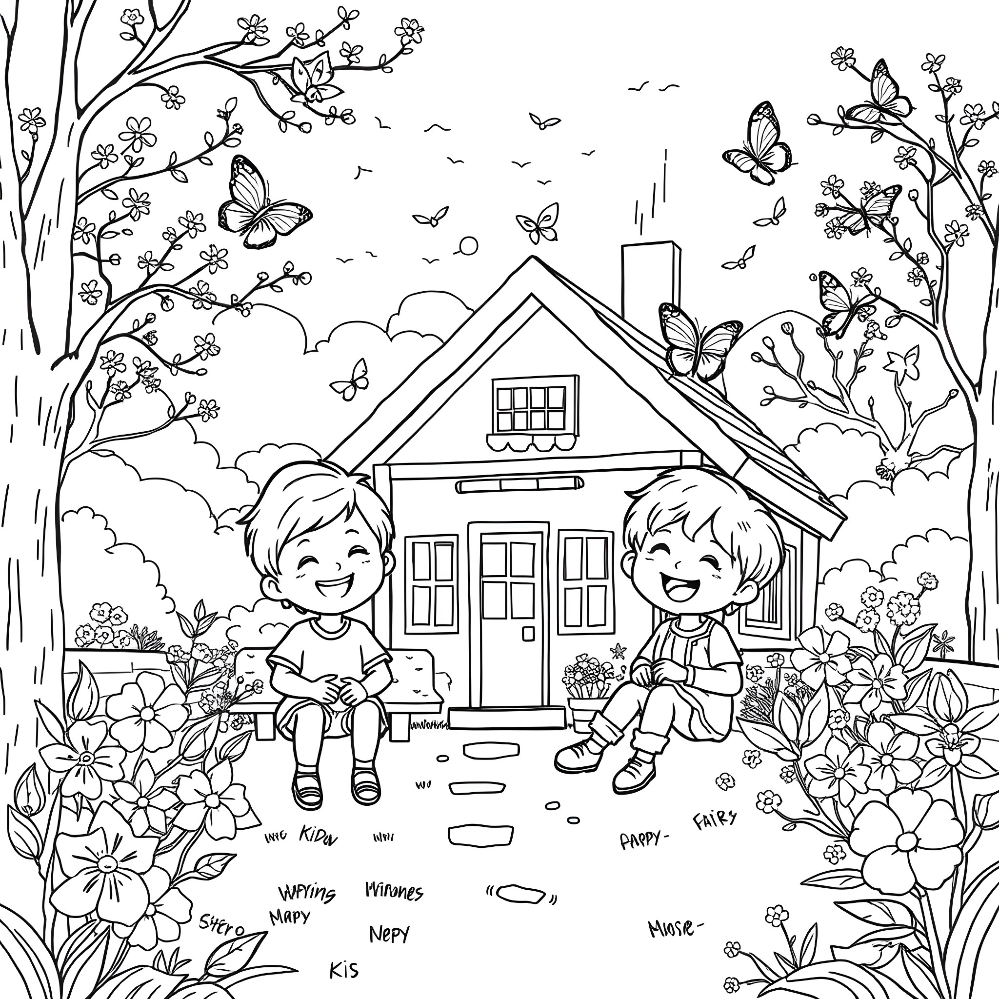 Kid's Playful Adventure in the Enchanting Outdoor Coloring Page (free black-and-white line drawing printable PDF for all, from beginners to advanced learners, including children, teens, adults, and seniors)