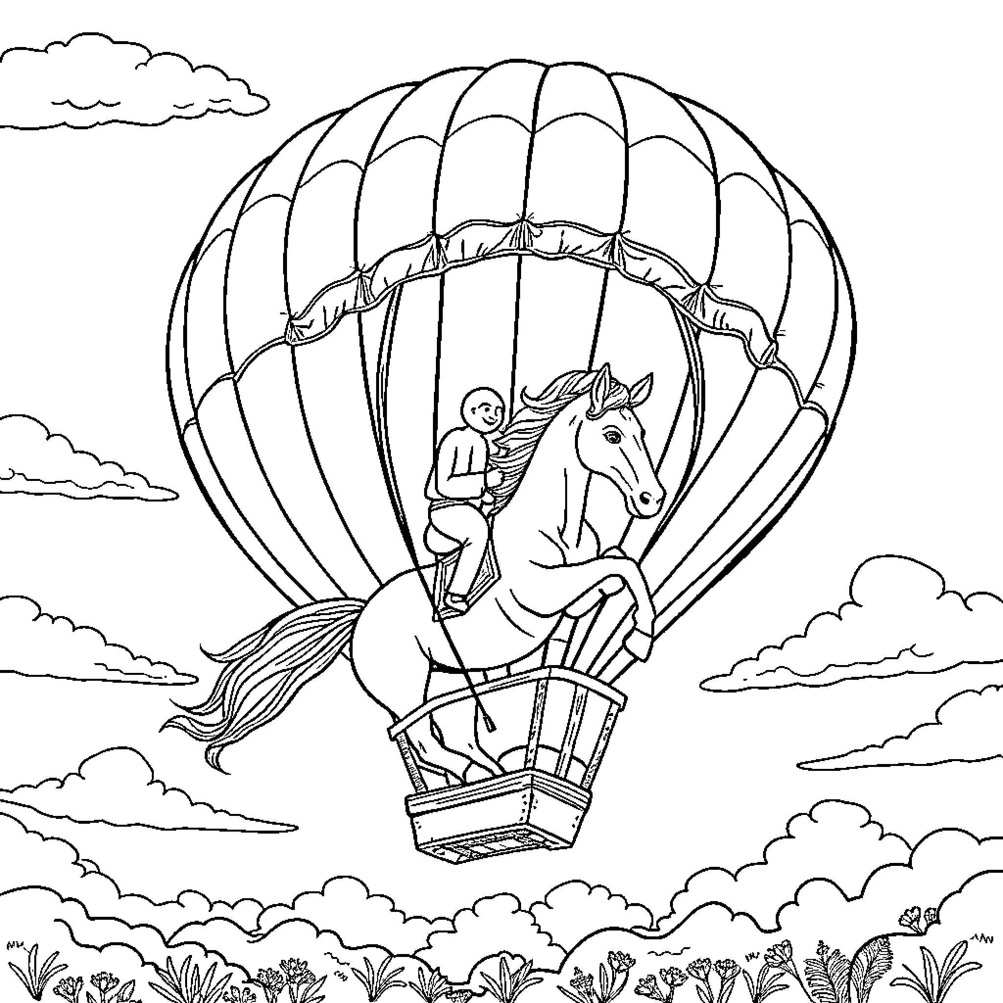 Horse and rider in hot air balloon over cloudy sky Coloring Page (free black-and-white line drawing printable PDF for all, from beginners to advanced learners, including children, teens, adults, and seniors)