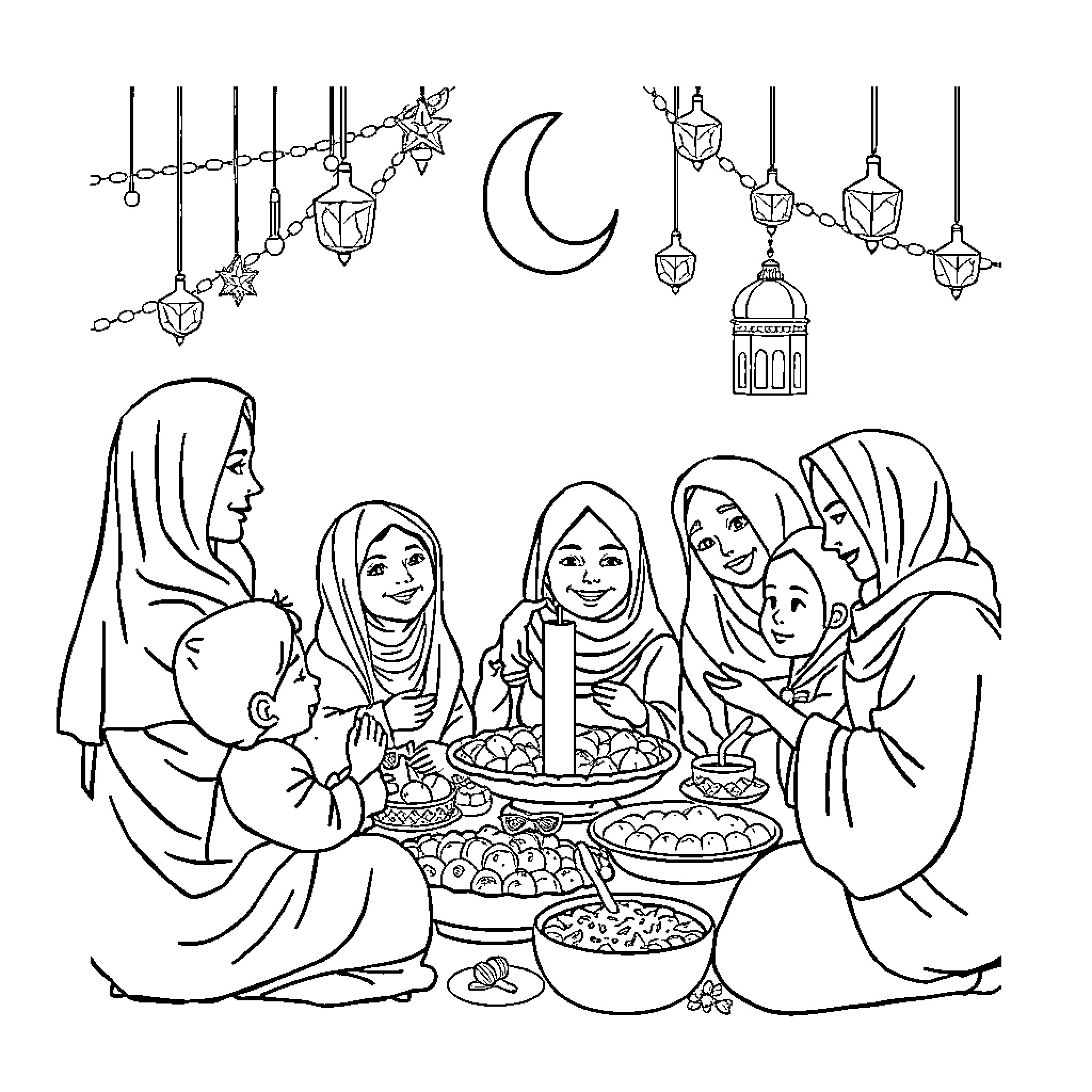 Eid gathering with family and traditional foods Coloring Page (free black-and-white line drawing printable PDF for all, from beginners to advanced learners, including children, teens, adults, and seniors)