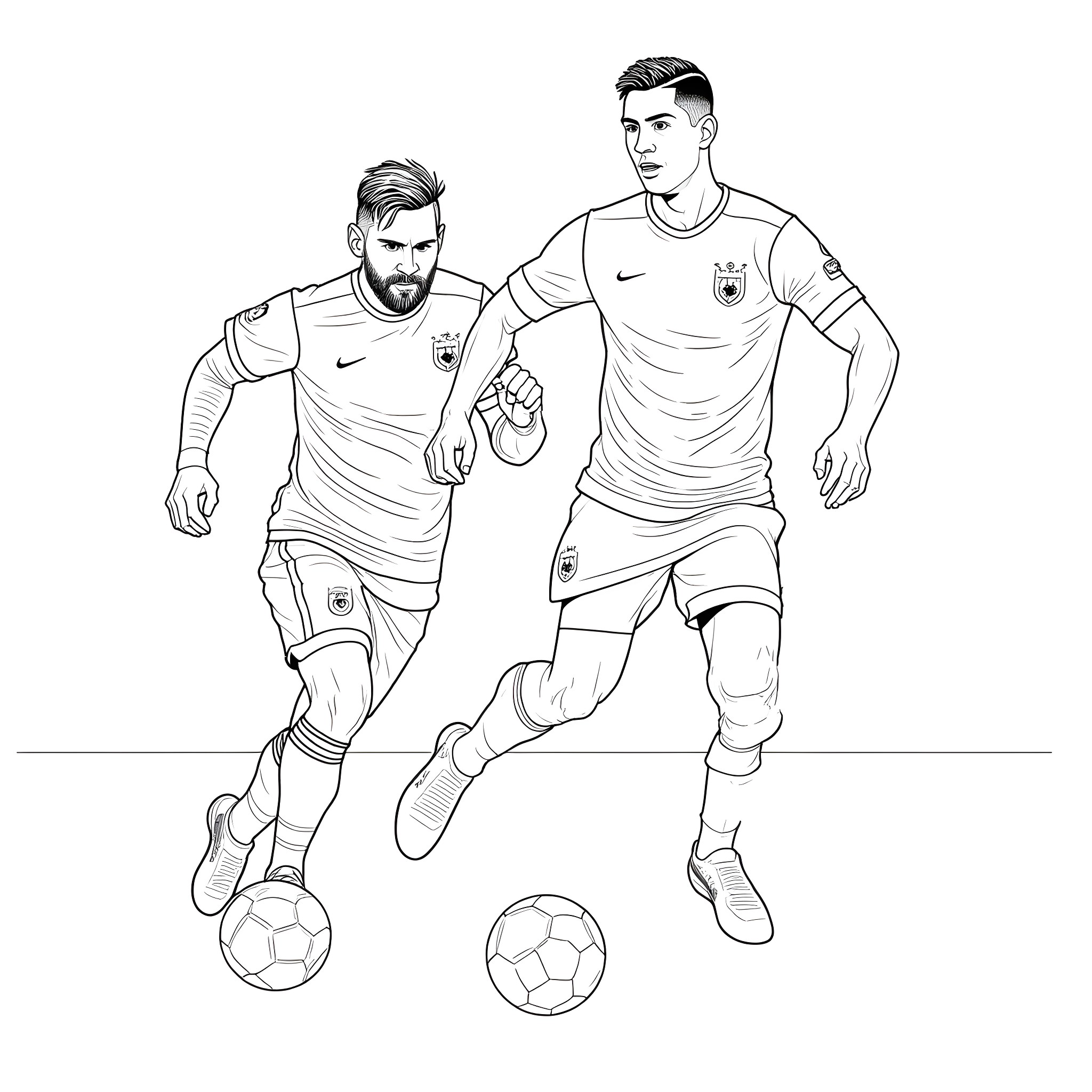 Lionel Messi and Teammate Running with Soccer Balls Coloring Page (free black-and-white line drawing printable PDF for all, from beginners to advanced learners, including children, teens, adults, and seniors)