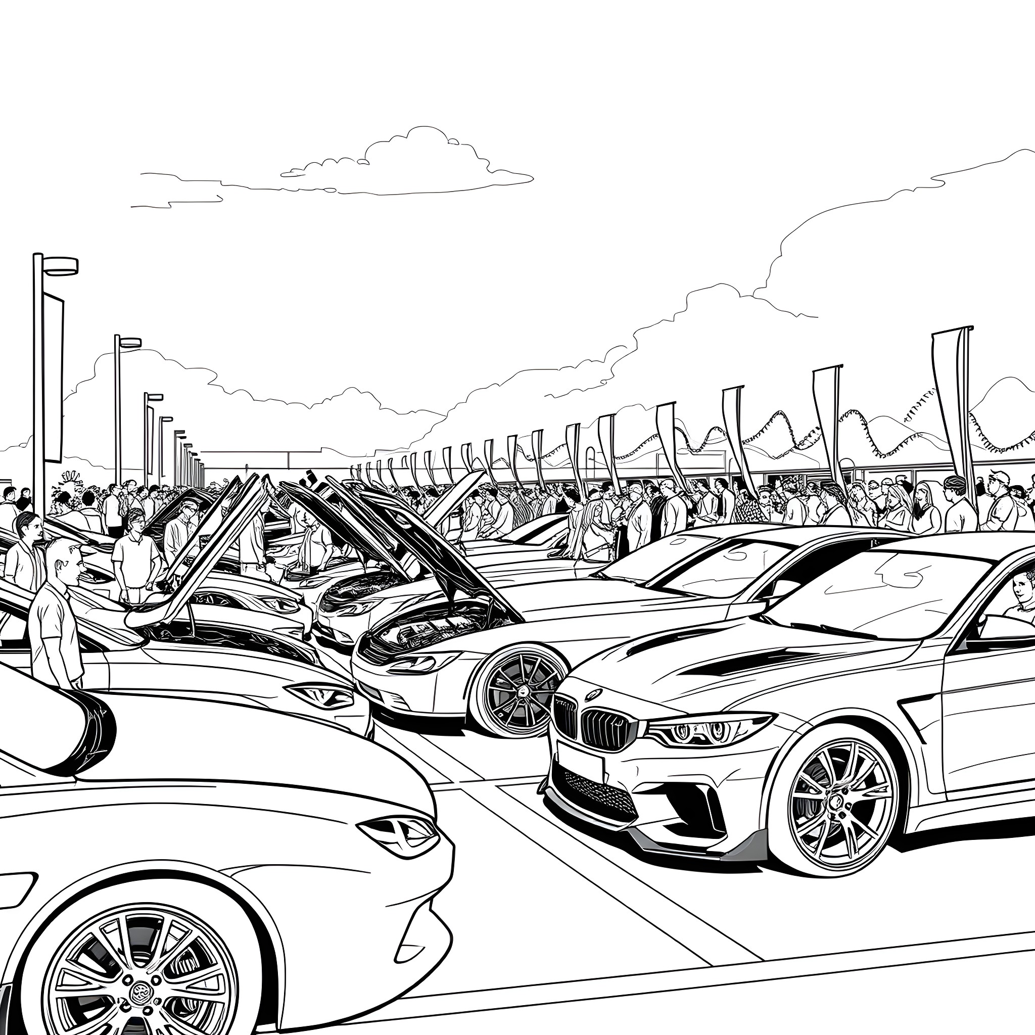Car show with various luxury models on display Coloring Page (free black-and-white line drawing printable PDF for all, from beginners to advanced learners, including children, teens, adults, and seniors)